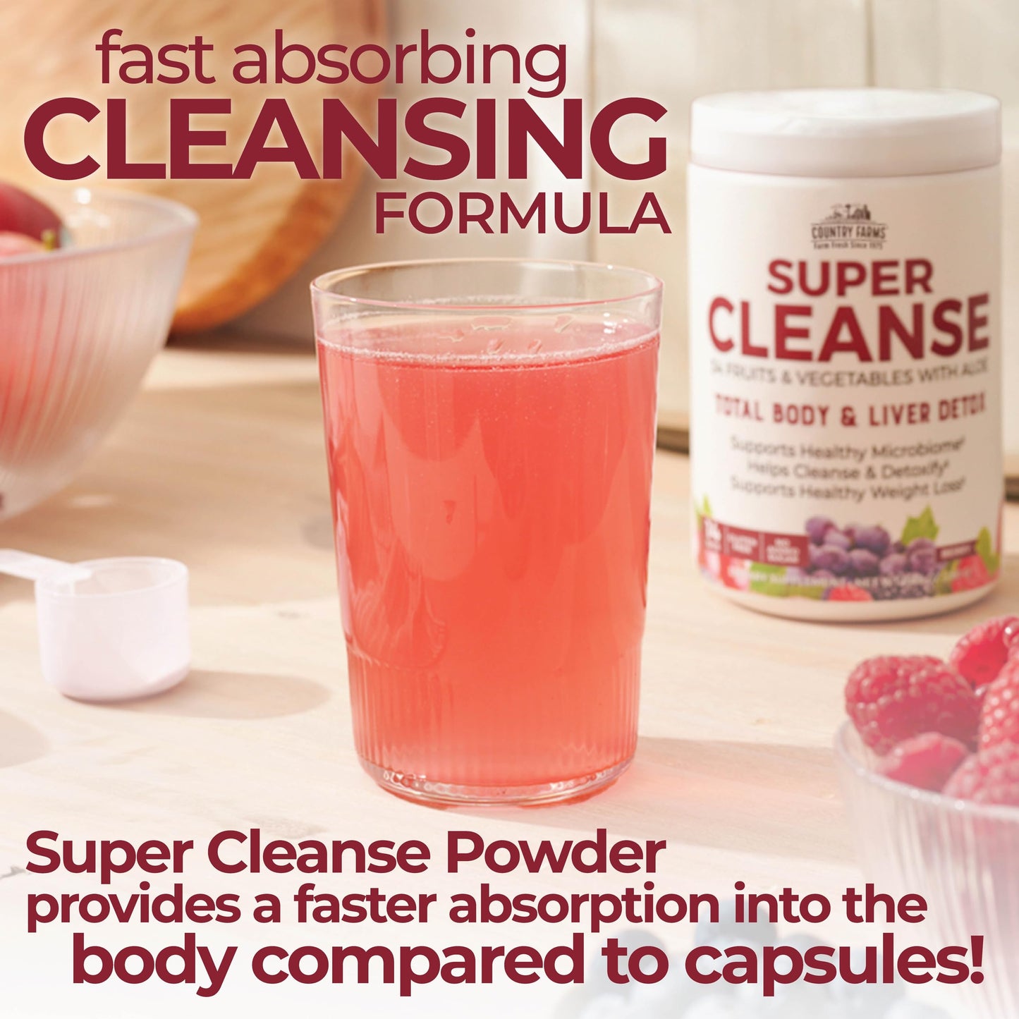 Country Farms Super Cleanse, Super Juice Cleanse, Supports Healthy Digestive System, 34 Fruits and Vegetables with Aloe, Promotes Natural Detoxification, Drink Powder, 14 Servings, 9.88 Ounce