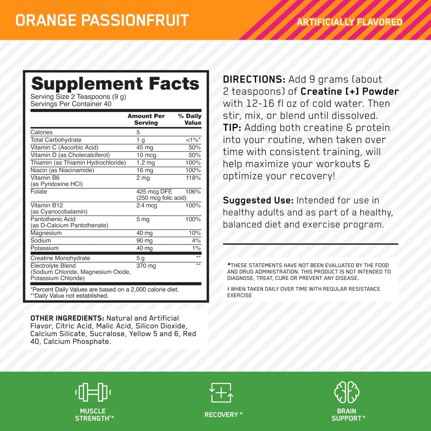 Optimum Nutrition Creatine Monohydrate Plus Powder, Orange Passionfruit Flavored Creatine Performance Blend With Electrolytes for Hydration, Added Vitamins, 40 Servings, 360 Grams (Packaging May Vary)