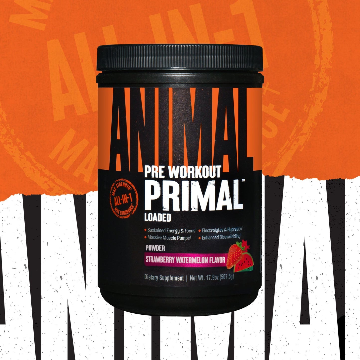 Animal Primal Muscle Hydration + Preworkout Powder – Contains Beta Alanine, 3DPump, Caffeine & Electrolytes – Improves Energy, Focus, Endurance & Absorption – Strawberry Watermelon Flavor, 17.9 oz