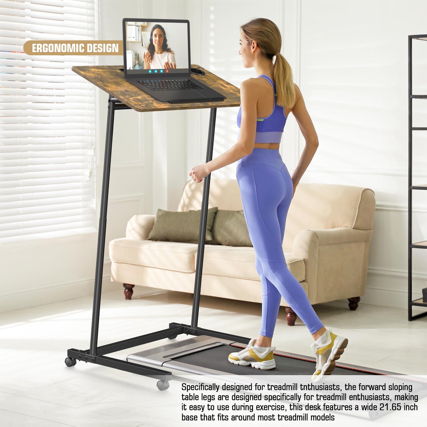 Eocnrhe Treadmill Desk, Mobile Small Standing Desk with Wheels for Walking Pad, Portable Table for Laptop, Rolling Table Adjustable Height, Bedside Table
