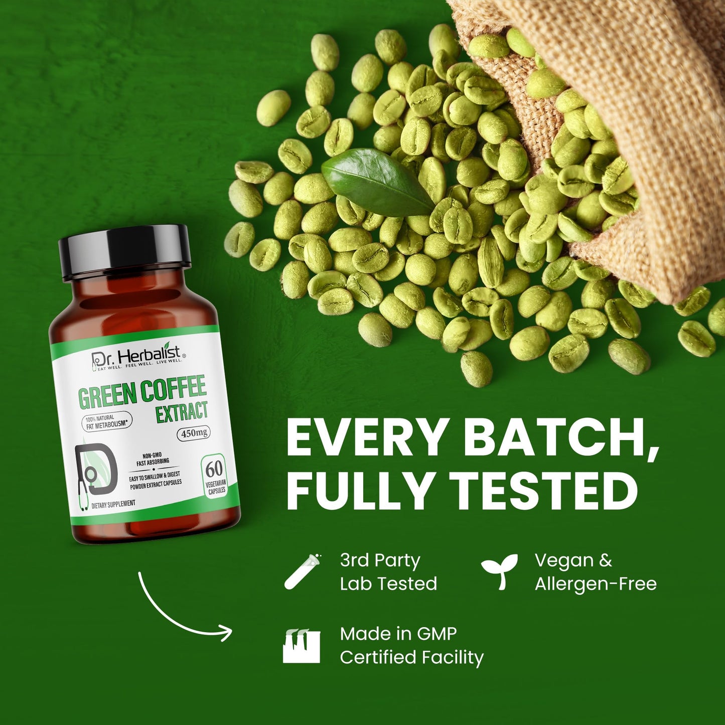 Dr. Herbalist Green Coffee Extract 450mg – 60 Vegan Capsules | 10:1 (4,500mg Raw Eq) | Caffeine-Free Unroasted Coffee Bean Supplement
