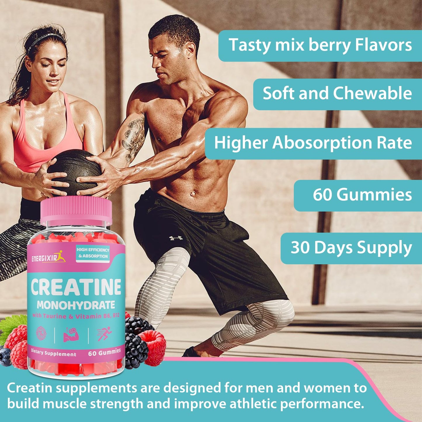 Creatine Monohydrate Gummies, Creatine for Women, Creatine Pre Workout Chewables Supplement with Taurine & B6 - for Muscle, Recovery, Strength, Energy & Endurance and Performance - 60 Count