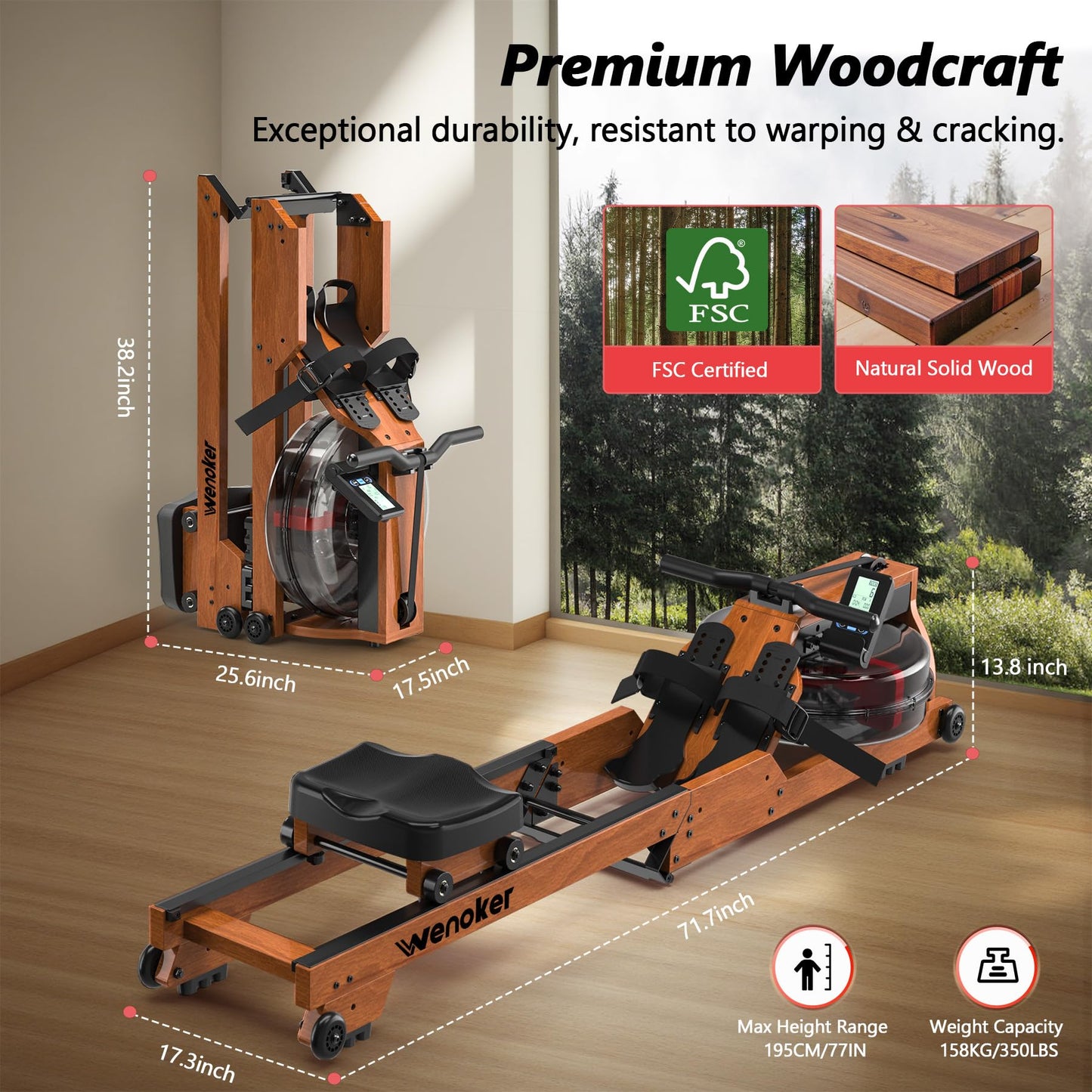 Water Rowing Machine for Home Use, WENOKER Wooden Foldable Rower Machine with Dedicated Monitor & Bluetooth APP, Large Water Tank & Comfortable Seat for Immersive Water Rower, 350LBS Weight Capacity