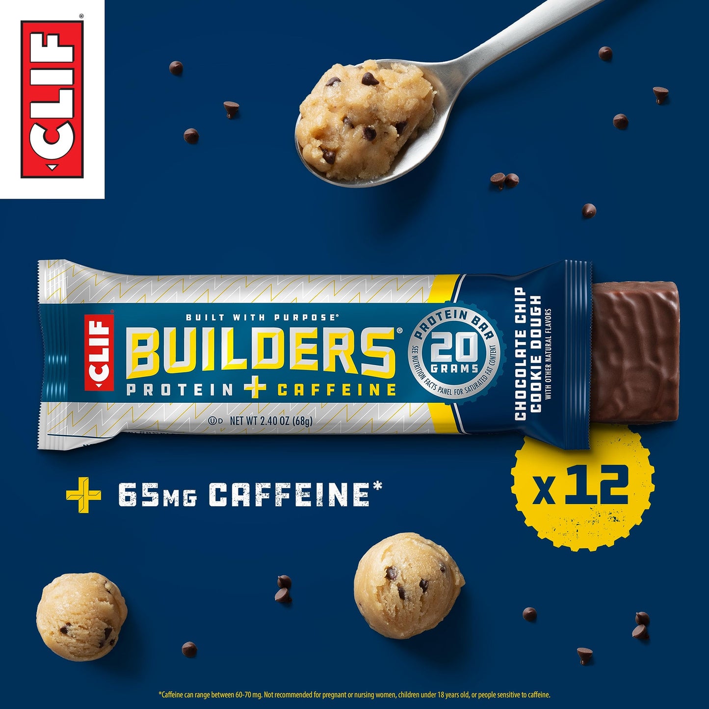 CLIF BUILDERS + Caffeine Protein Bars - Chocolate Chip Cookie Dough Flavor - 20g Plant Based Protein - Gluten Free - Non-GMO - Low Glycemic - No Artificial Sweeteners - 2.4 oz. (12 Pack)