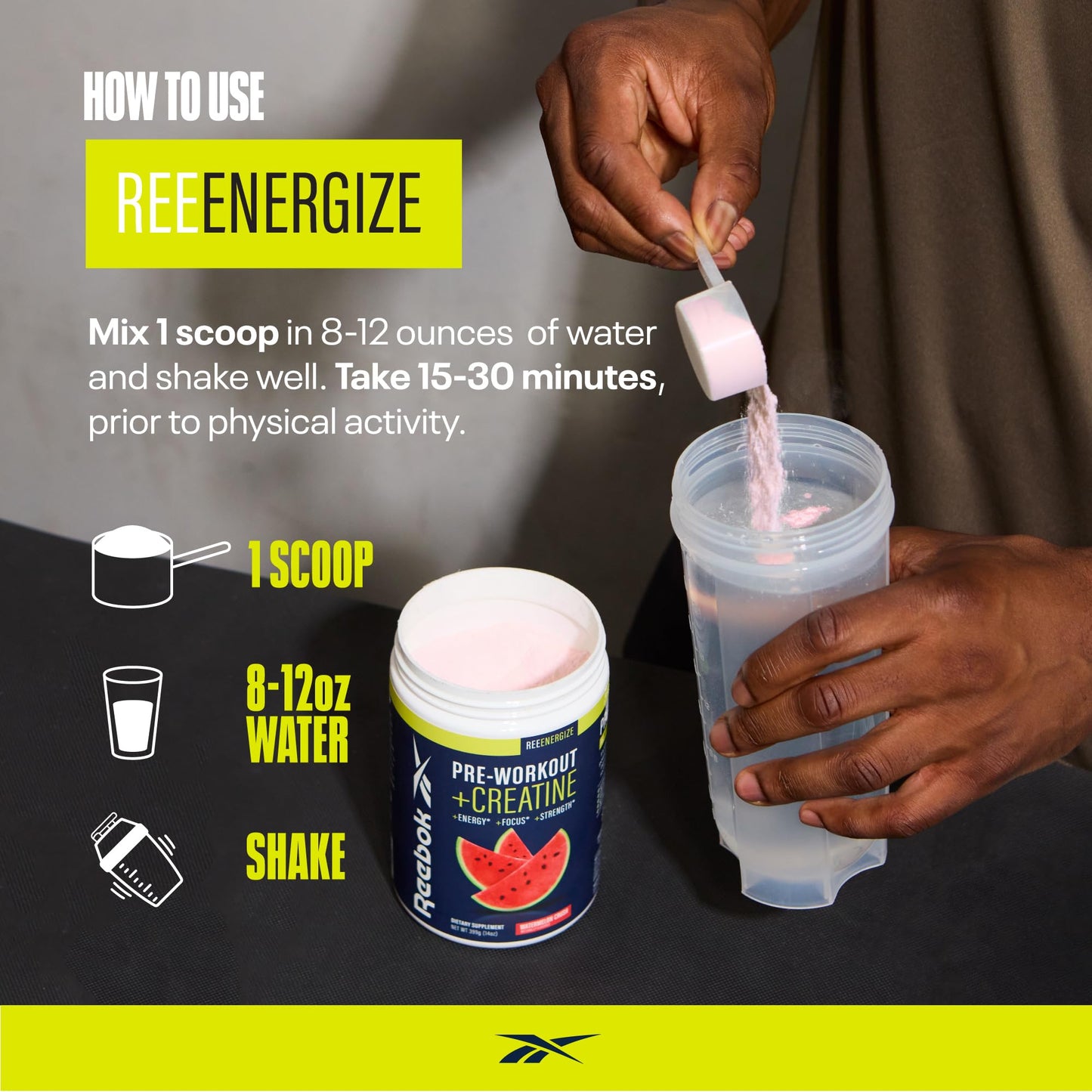 Reebok Pre-Workout Powder | 200mg Natural Caffeine, 3g Creatine Monohydrate, 4g Citrulline | Strength, Focus & Pump | Informed-Sport Certified | ReeEnergize | Sour Green Apple