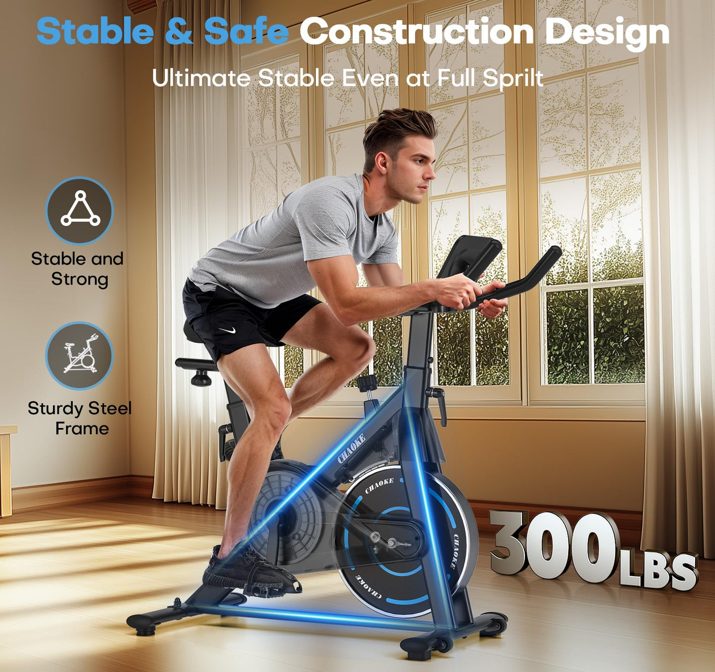 Exercise Bike, CHAOKE Quiet Adjustable Magnetic Resistance Stationary Bike for Home Cardio with App Compatible, 300LB Weight Capacity Indoor Cycling Bike with Comfortable Seat & Digital Display