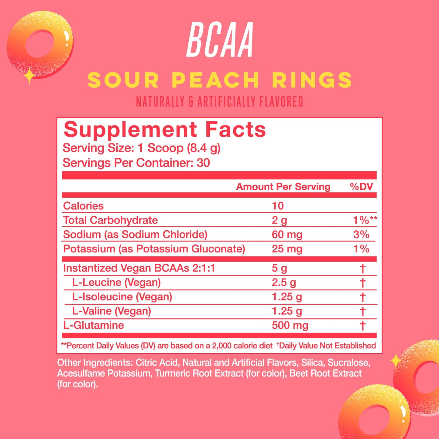 Alani Nu BCAA Sour Peach Ring | Branch Chain Essential Amino Acids | 2:1:1 Formula | Supplement Powder | Muscle Recovery Vitamins for Post-Workout | 30 Servings