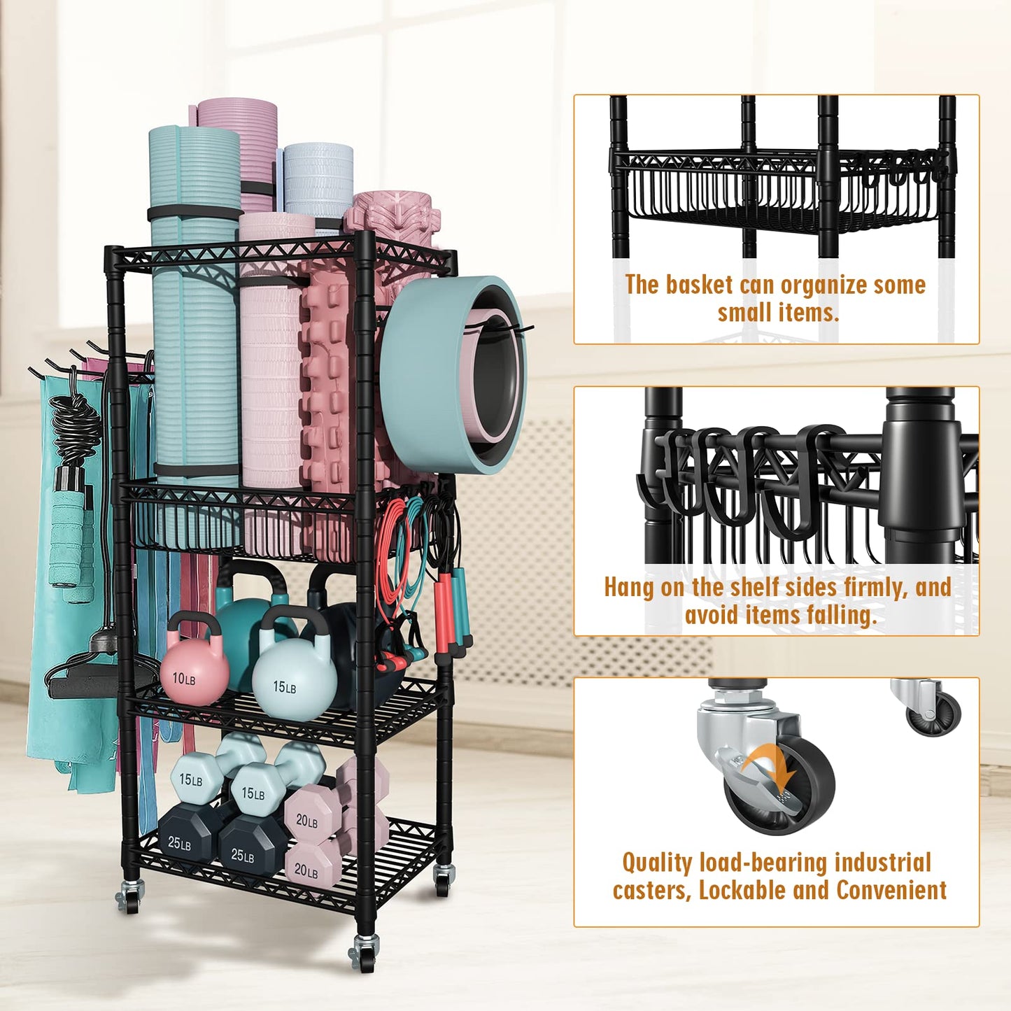 FUTASSI S1 Home Gym Storage, 3-Tier Workout Equipment Organizer with Wheels for Yoga Mats, Foam Roller, Dumbbells, Kettlebells, and Resistance Bands, 47.4" H x 27.5" L x 11.8" D, Black