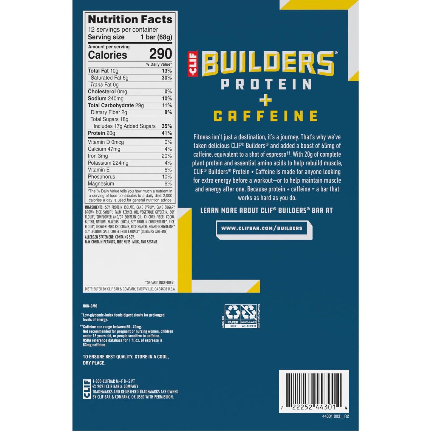 CLIF BUILDERS + Caffeine Protein Bars - Chocolate Chip Cookie Dough Flavor - 20g Plant Based Protein - Gluten Free - Non-GMO - Low Glycemic - No Artificial Sweeteners - 2.4 oz. (12 Pack)