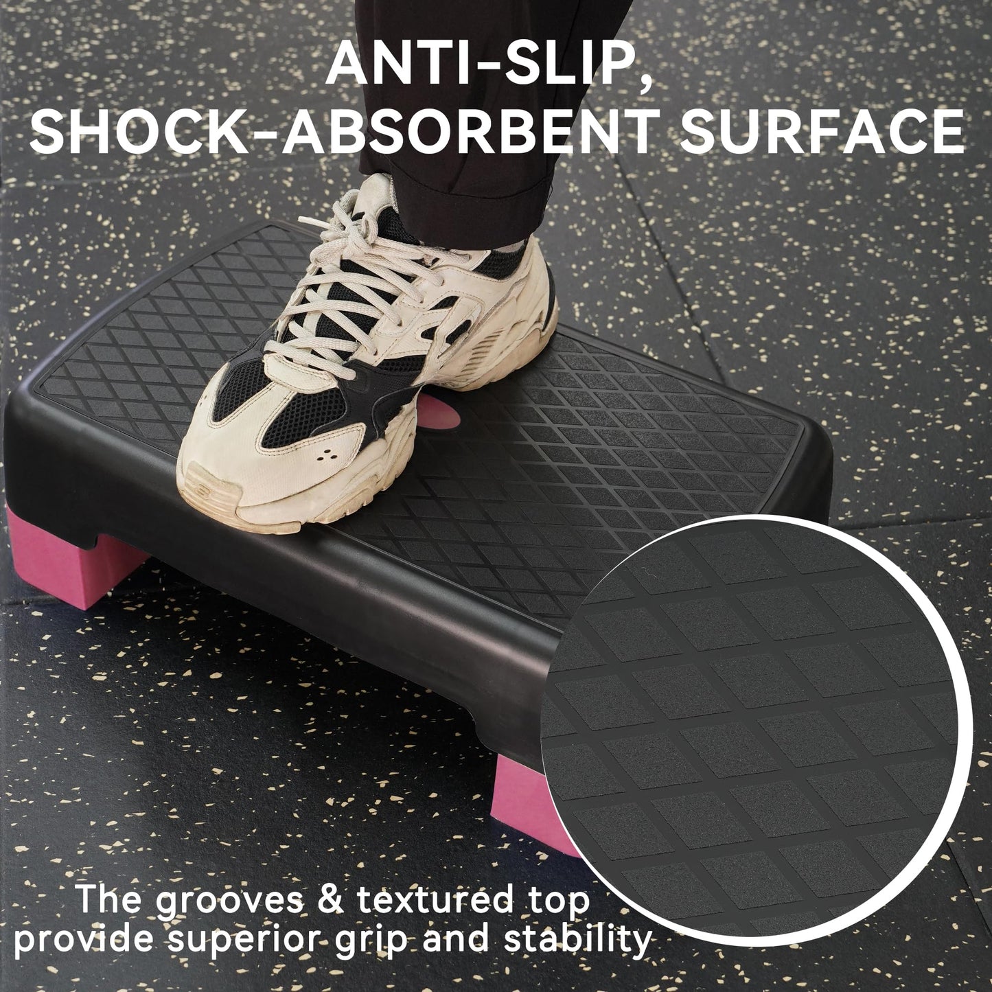 Fitvids 18" Workout Aerobic Stepper Step Platform with 2 Risers, Lightweight Portable Step Up Platform Trainer, Adjustable Height 3.2’’ 5.5’’ for Home Gym, Black and Pink