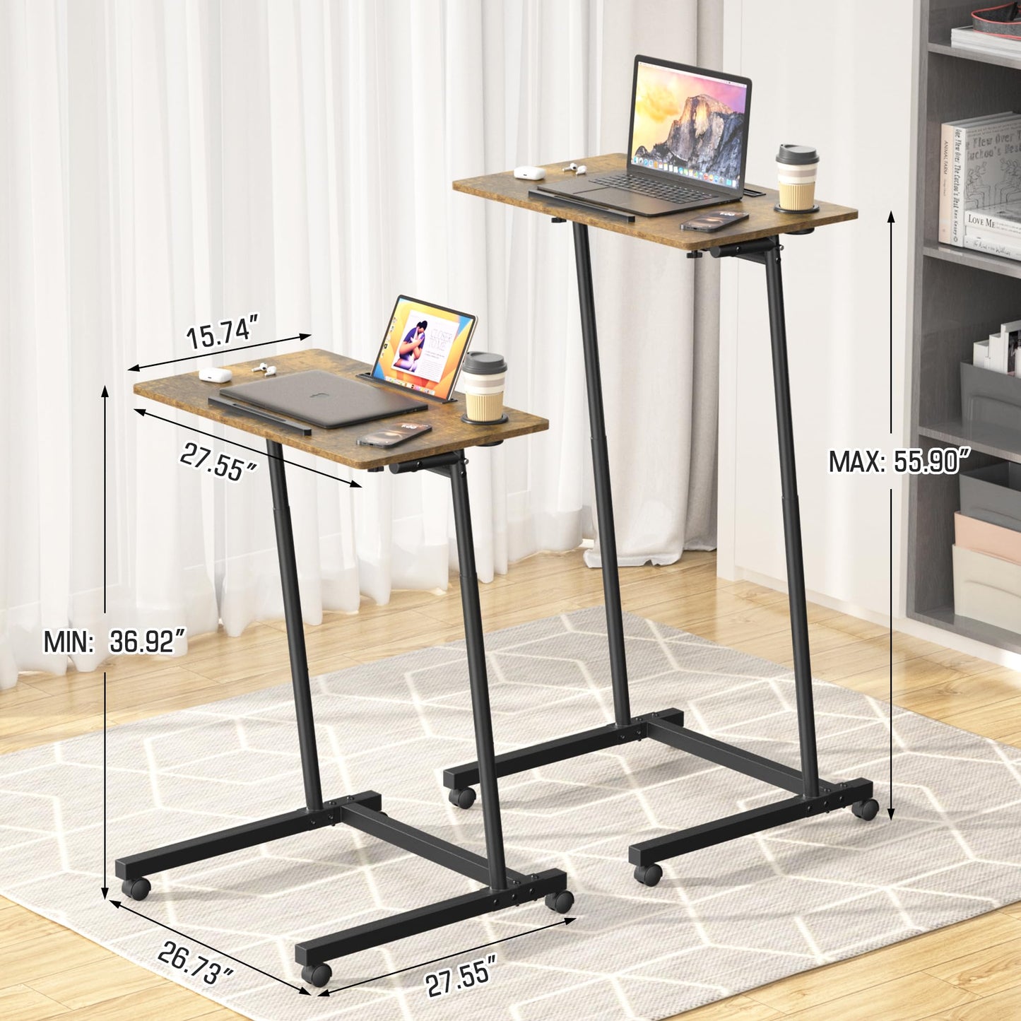 Eocnrhe Treadmill Desk, Mobile Small Standing Desk with Wheels for Walking Pad, Portable Table for Laptop, Rolling Table Adjustable Height, Bedside Table