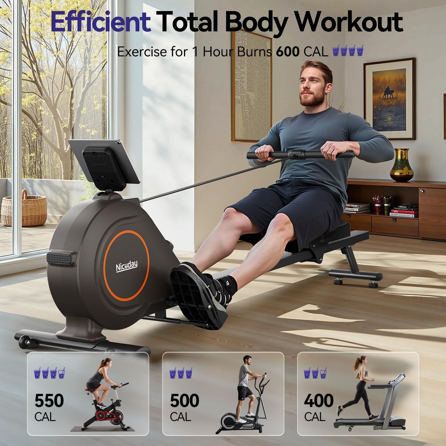 Niceday Rowing Machine, Magnetic Rower for Home Use, Smart Rowing Machine Bluetooth Compatible with Kinomap APP, Rower Machine with 16 Resistance Levels & 350 LBS Weight Capacity