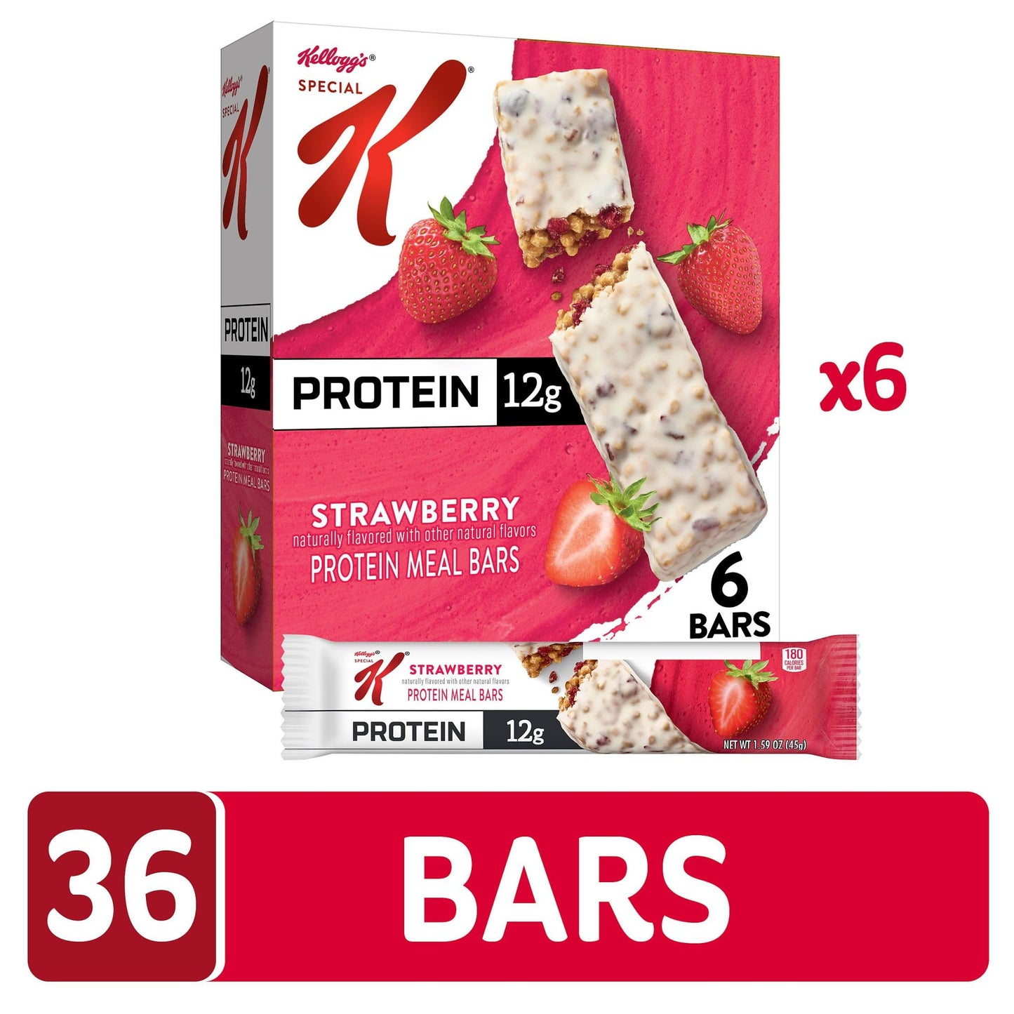 Special K Bar Protein Meal Bars, 12g of Protein, Good Source of Fiber, Strawberry (6 Boxes, 36 Bars)