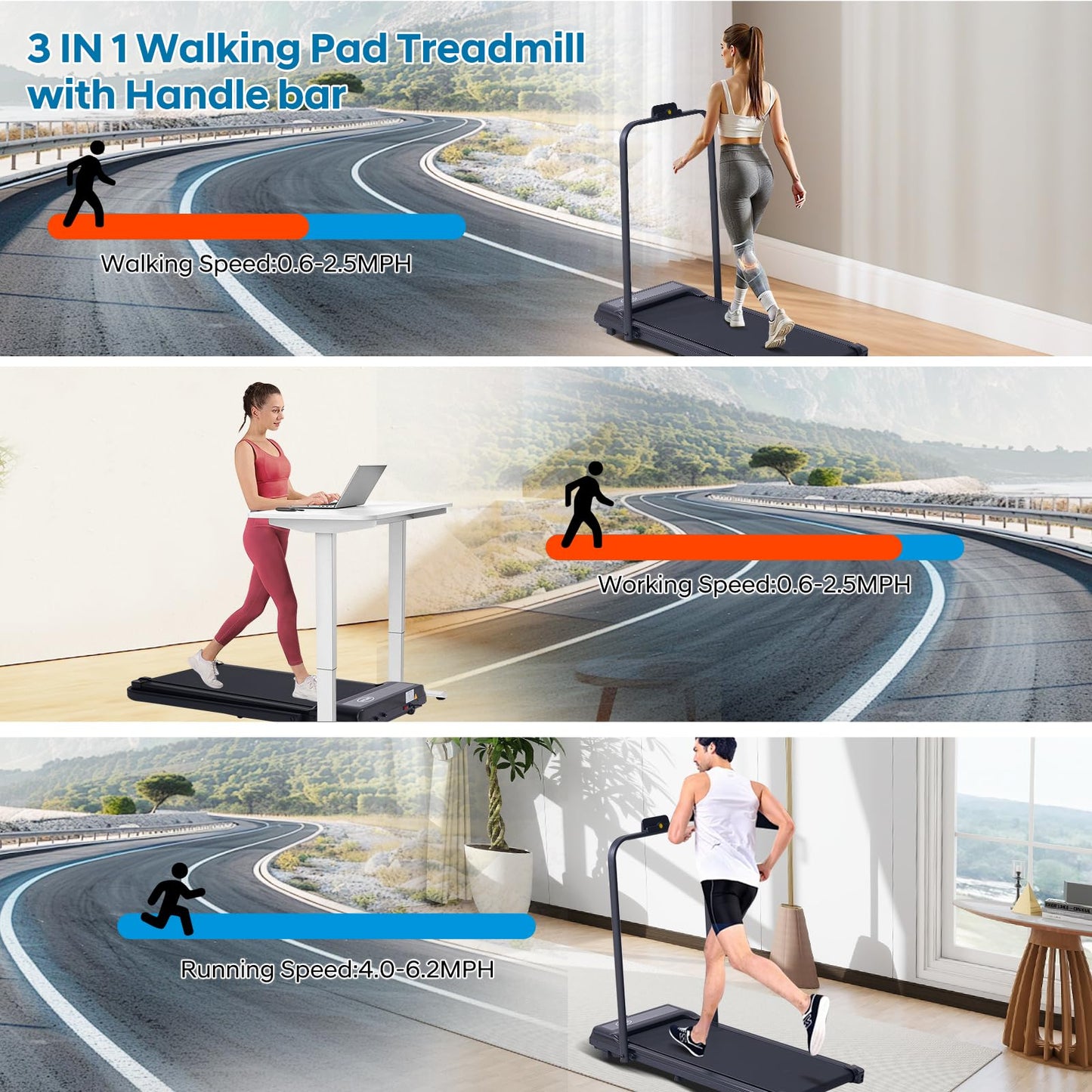 Walking Pad Treadmill with Handles, Folding Foldable Electric Treadmills for Home Small, 3.0HP Walking Pad with Handle Bar, 3 in 1 Portable Under Desk Treadmill with LED Display, 320LBS Capacity