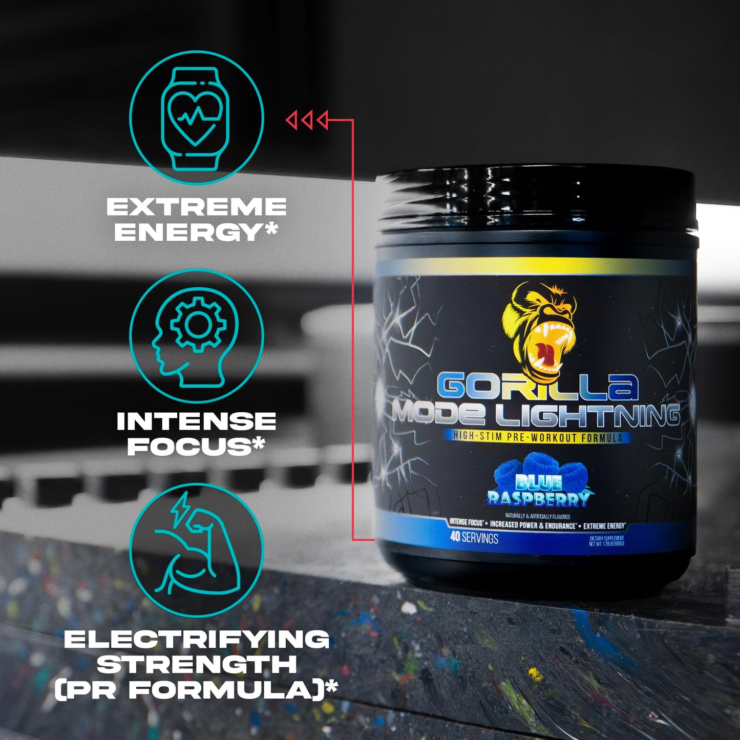 Gorilla Mode Lightning Pre-Workout - Extreme Energy · Laser Focus · Powerful Pumps · Peak Performance - 550mg Caffeine, 13500mg L-Tyrosine, Alpha-GPC– 808g (Blue Raspberry)