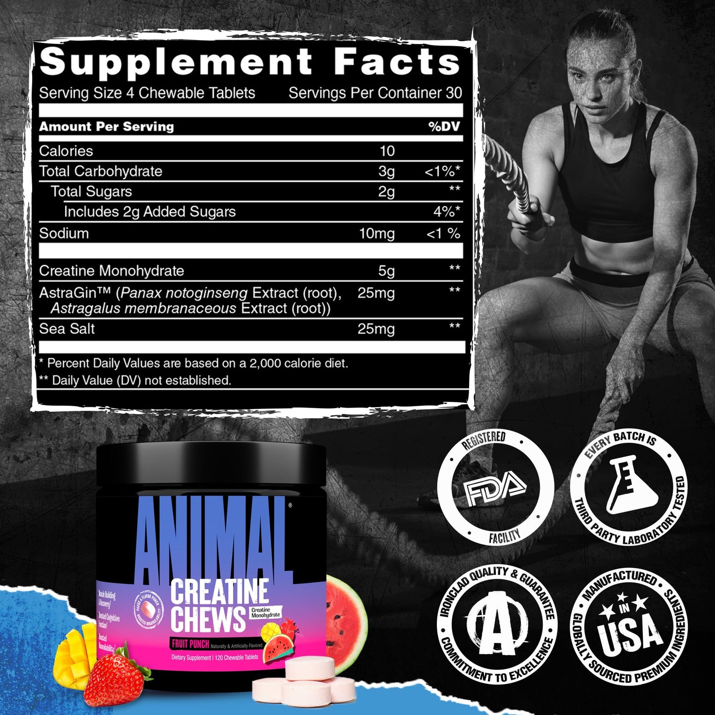 Animal Creatine Chews Tablets - Enhanced Creatine Monohydrate with AstraGin to Improve Absorption, Sea Salt for Added Pumps, Delicious and Convenient Chewable Tablets - Fruit Punch