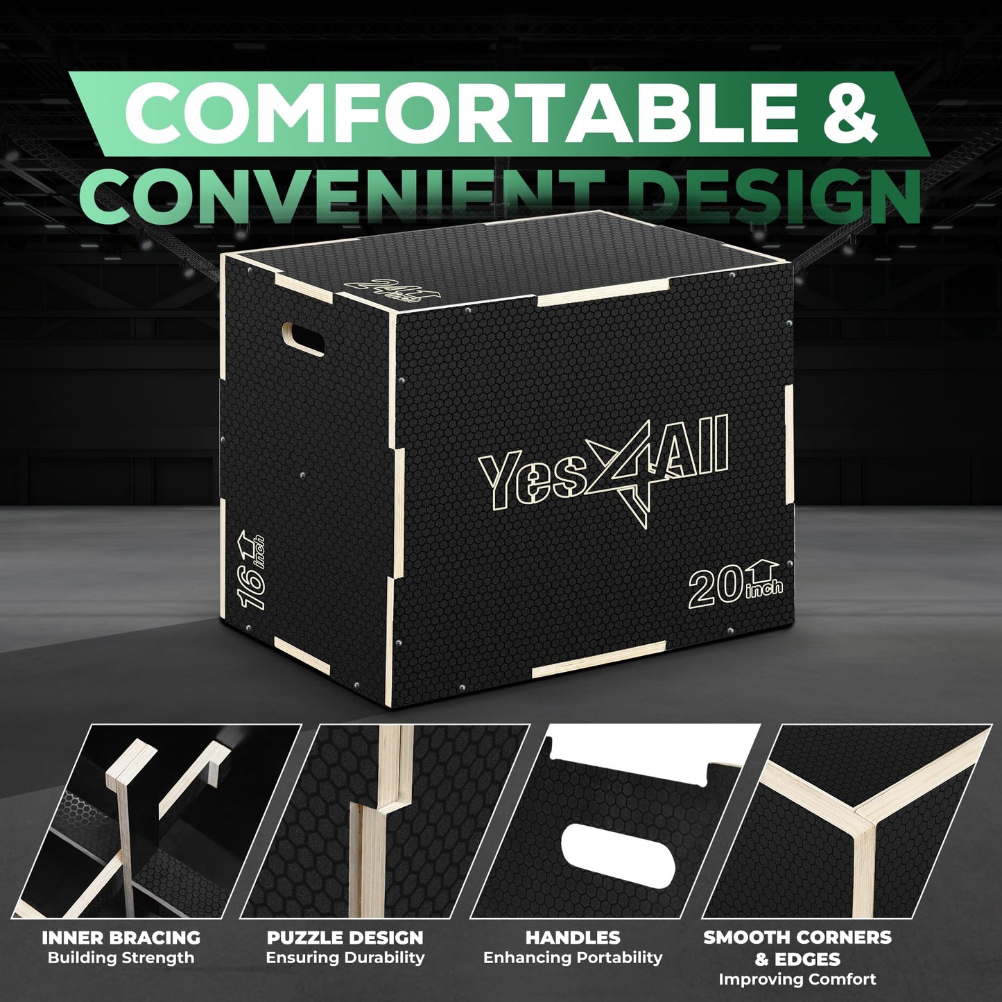 Yes4All 3 in 1 Non-Slip Wooden Plyo Box, Plyometric Box for Home Gym and Outdoor Workout 24" 20" 16" - Black
