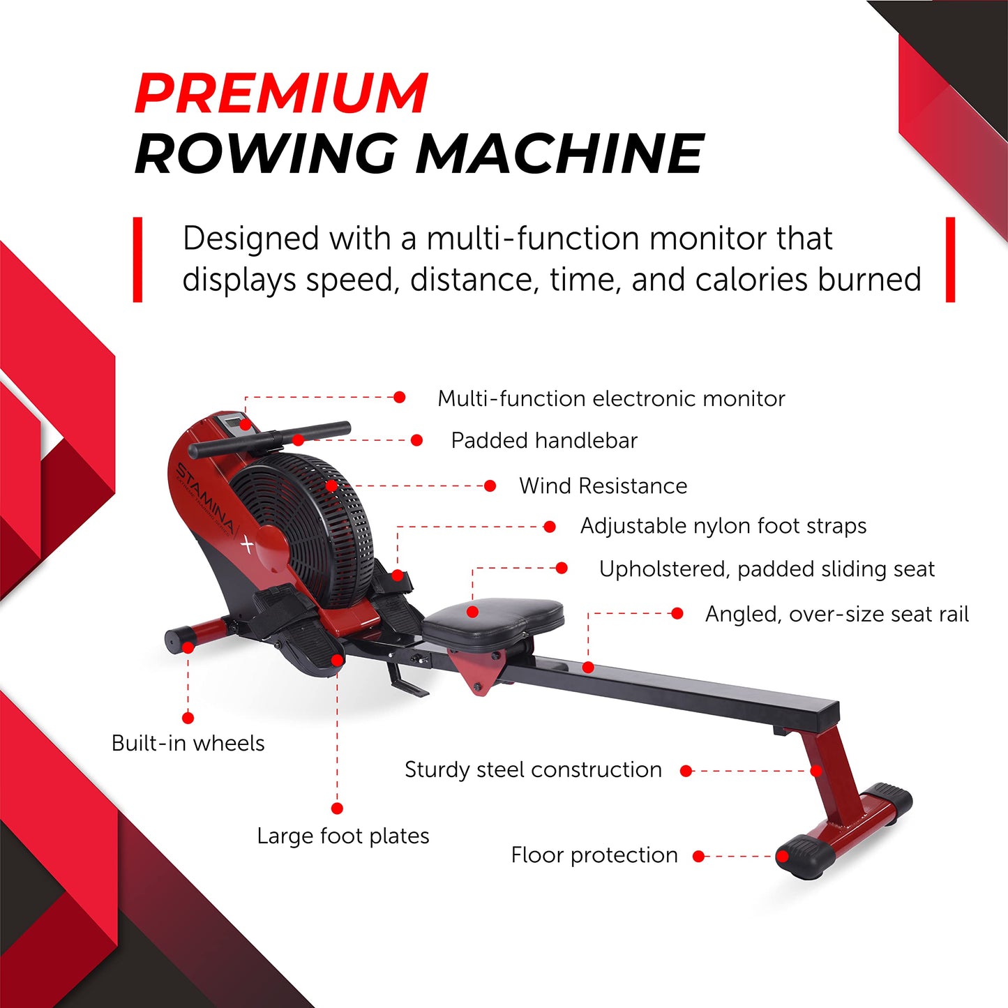 Stamina X ATS Air Rower Machine with Smart Workout App - Foldable Rowing Machine with Dynamic Air Resistance for Home Gym Fitness - Up to 250 lbs Weight Capacity - Red/Black