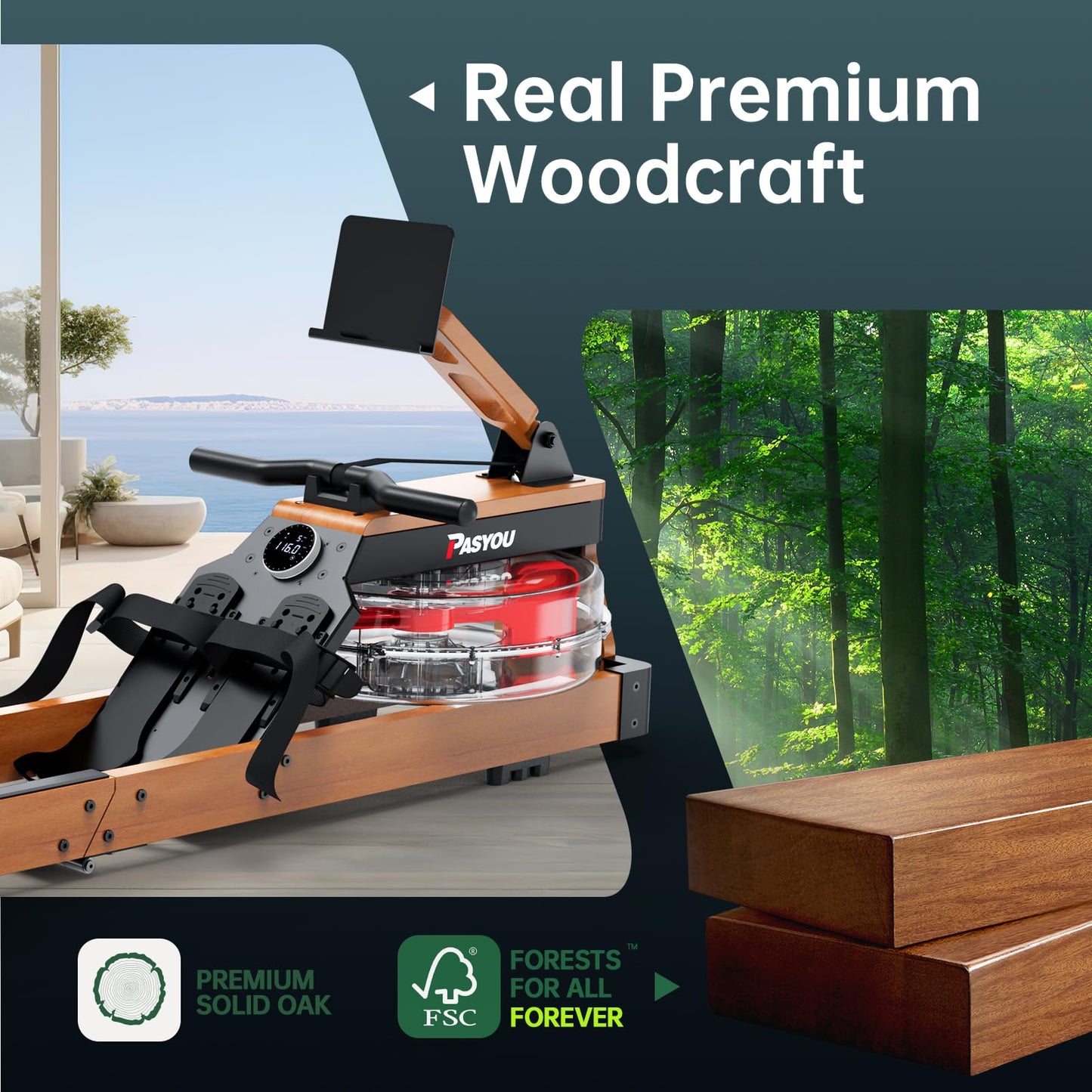 PASYOU Water Rowing Machines for Home Oak Wood Foldable Rower Machine 350LB Weight Capacity, 6 Levels Adjustable Row Machines with Monitor & Device Holder & 14L Tank, Bluetooth with Kinomap APP