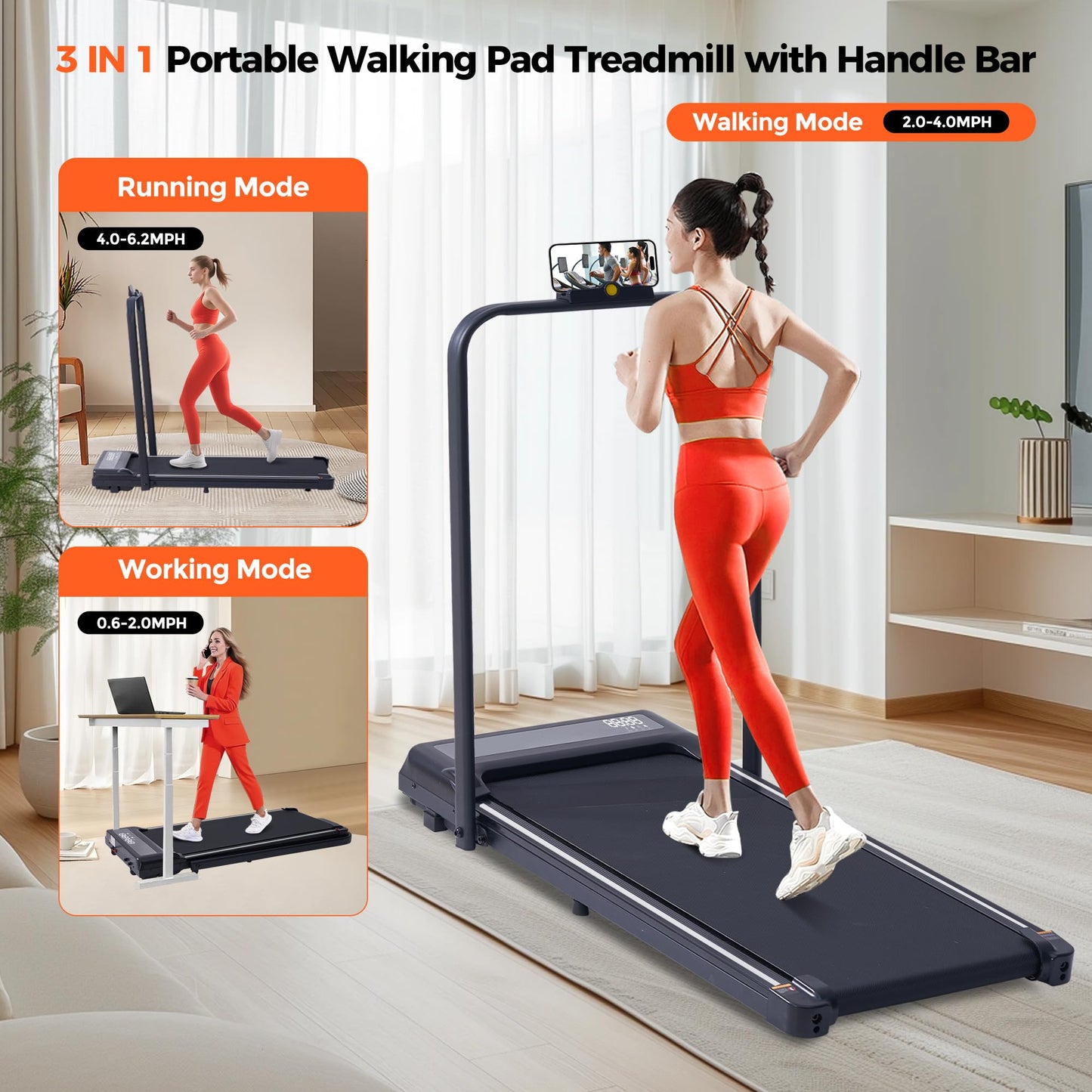 Foldable Walking Pad Treadmill with Handle Bar, 3.0HP Portable Under Desk Treadmills for Home Small, 3-in-1 Folding Walking Pads Treadmills with Handles, Compact Treadmill with LED Display