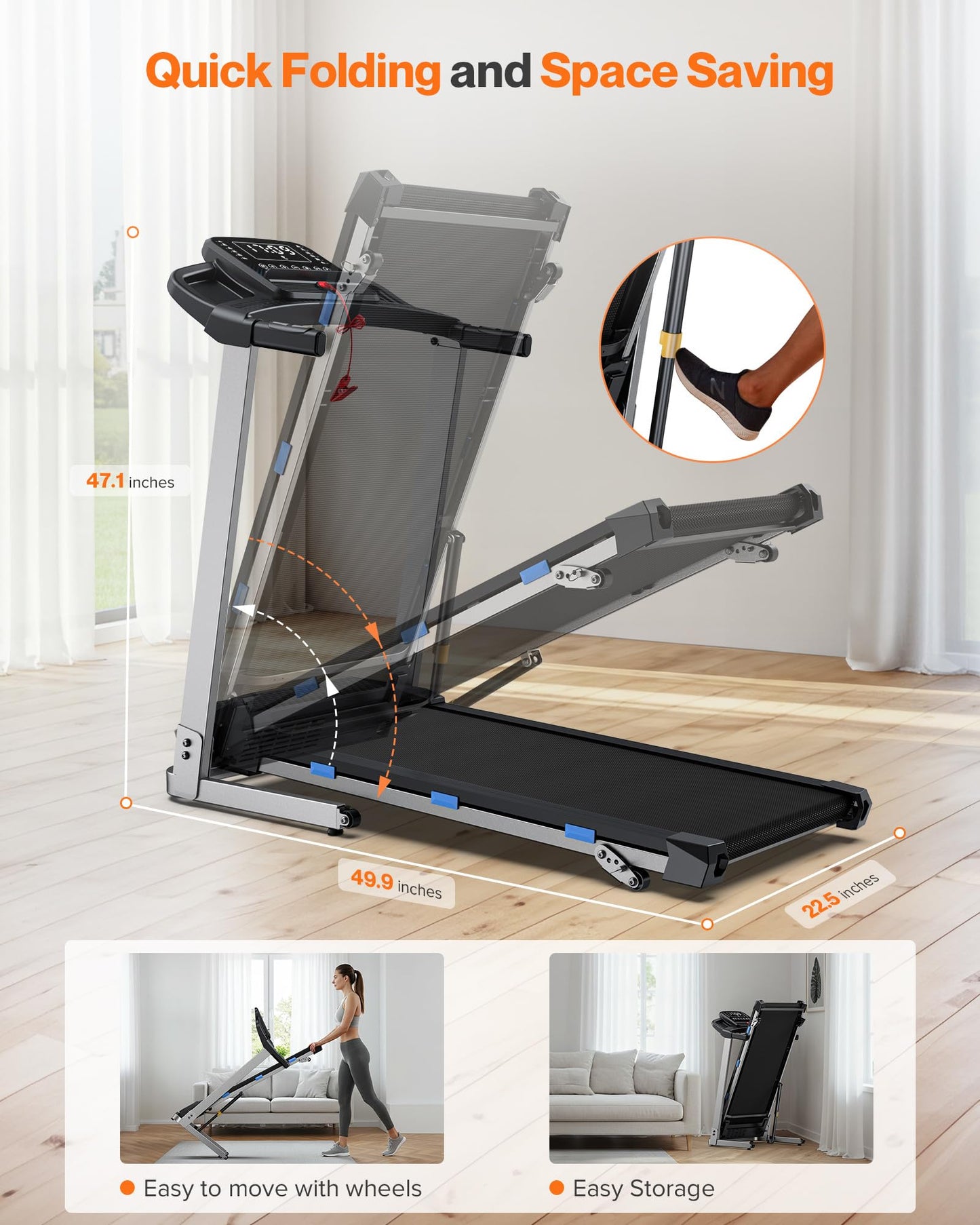 Cardirun Folding Treadmill with Incline, 350 LBS Capacity & 7.6 MPH, 3.0HP Quiet Treadmills for Home Small with Pulse Sensor and Bluetooth Speaker, 12 Preset Programs, App & Voice Control, LED Display
