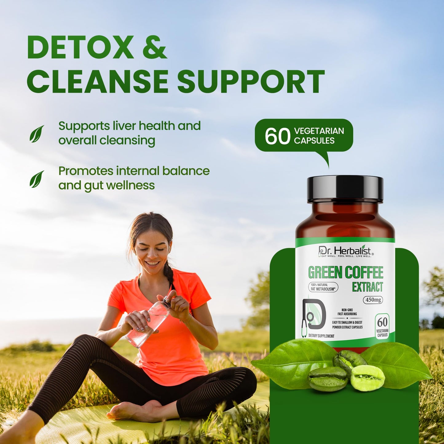 Dr. Herbalist Green Coffee Extract 450mg – 60 Vegan Capsules | 10:1 (4,500mg Raw Eq) | Caffeine-Free Unroasted Coffee Bean Supplement