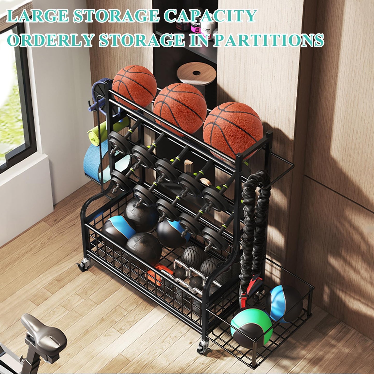 Hiee Dumbbell Rack, Weight Rack for Kettlebells, Heavy-Duty Home Gym Storage Rack for Yoga Mat and Workout Equipment, Storage Holder with Wheels and Hooks (320lb)
