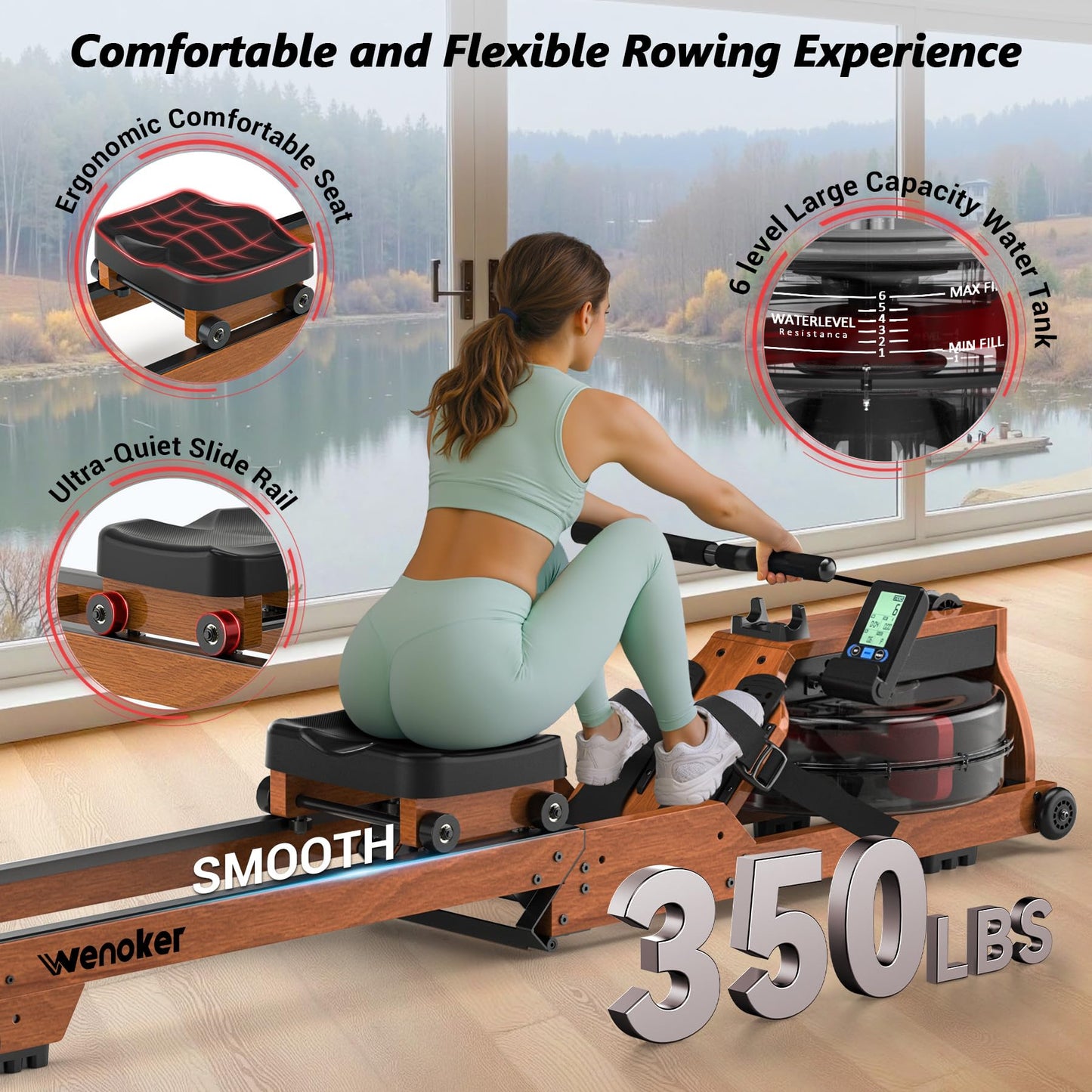 Water Rowing Machine for Home Use, WENOKER Wooden Foldable Rower Machine with Dedicated Monitor & Bluetooth APP, Large Water Tank & Comfortable Seat for Immersive Water Rower, 350LBS Weight Capacity