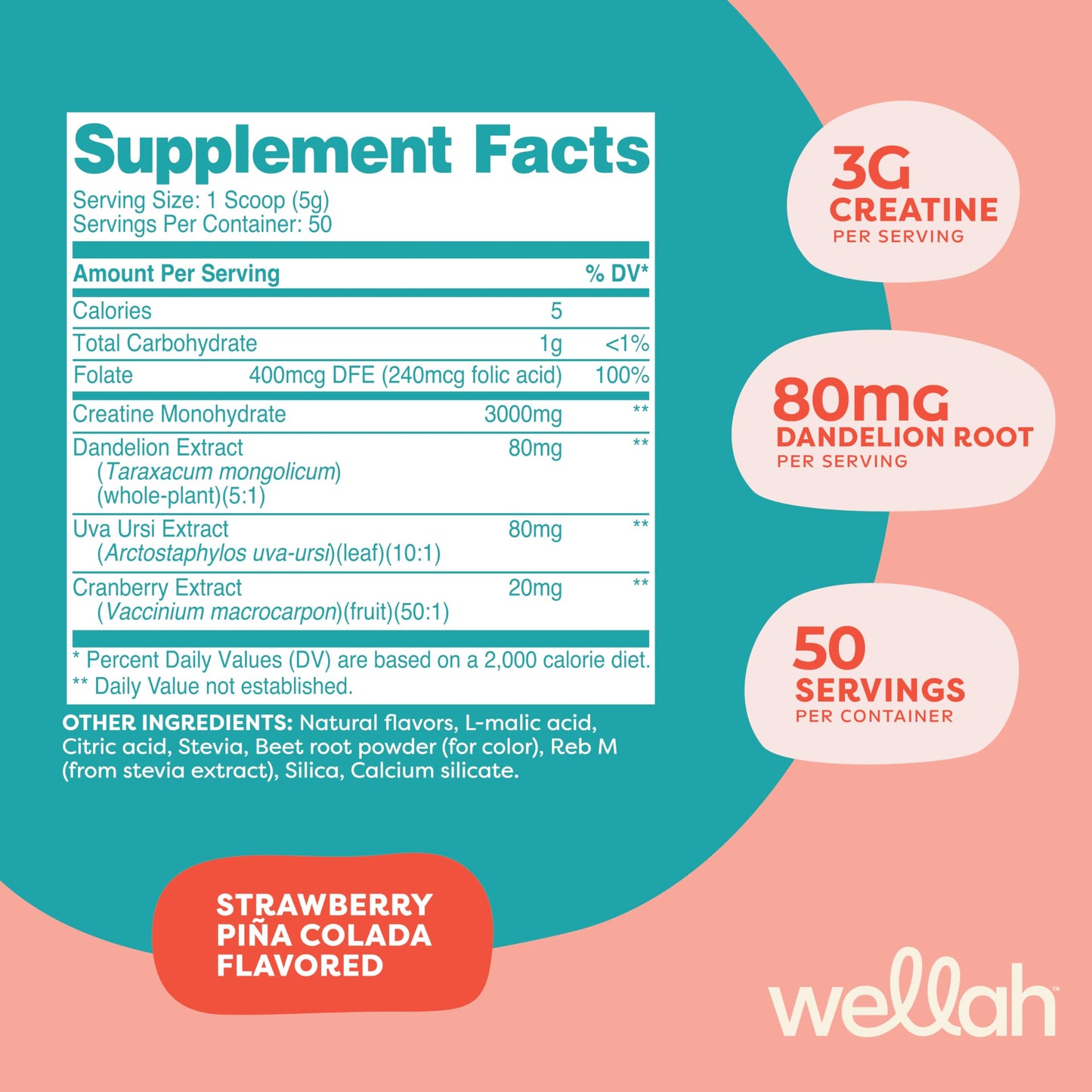 Wellah Pump-It-Up Creatine (50 Servings, Strawberry Pina Colada) - Creatine Monohydrate with Dandelion, Uva Ursi, & Cranberry Extract
