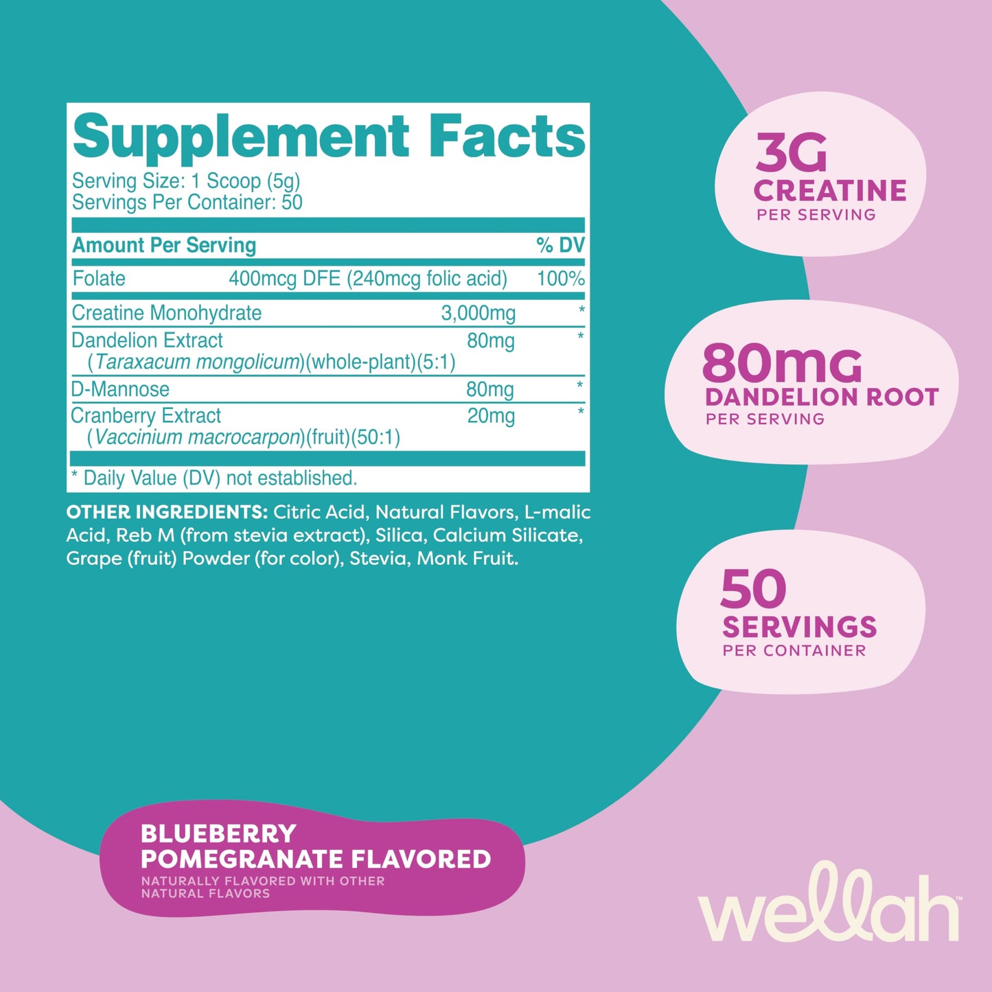 Wellah Pump-It-Up Creatine (50 Servings, Blueberry Pomegranate) - Creatine Monohydrate with Dandelion, & Cranberry Extract