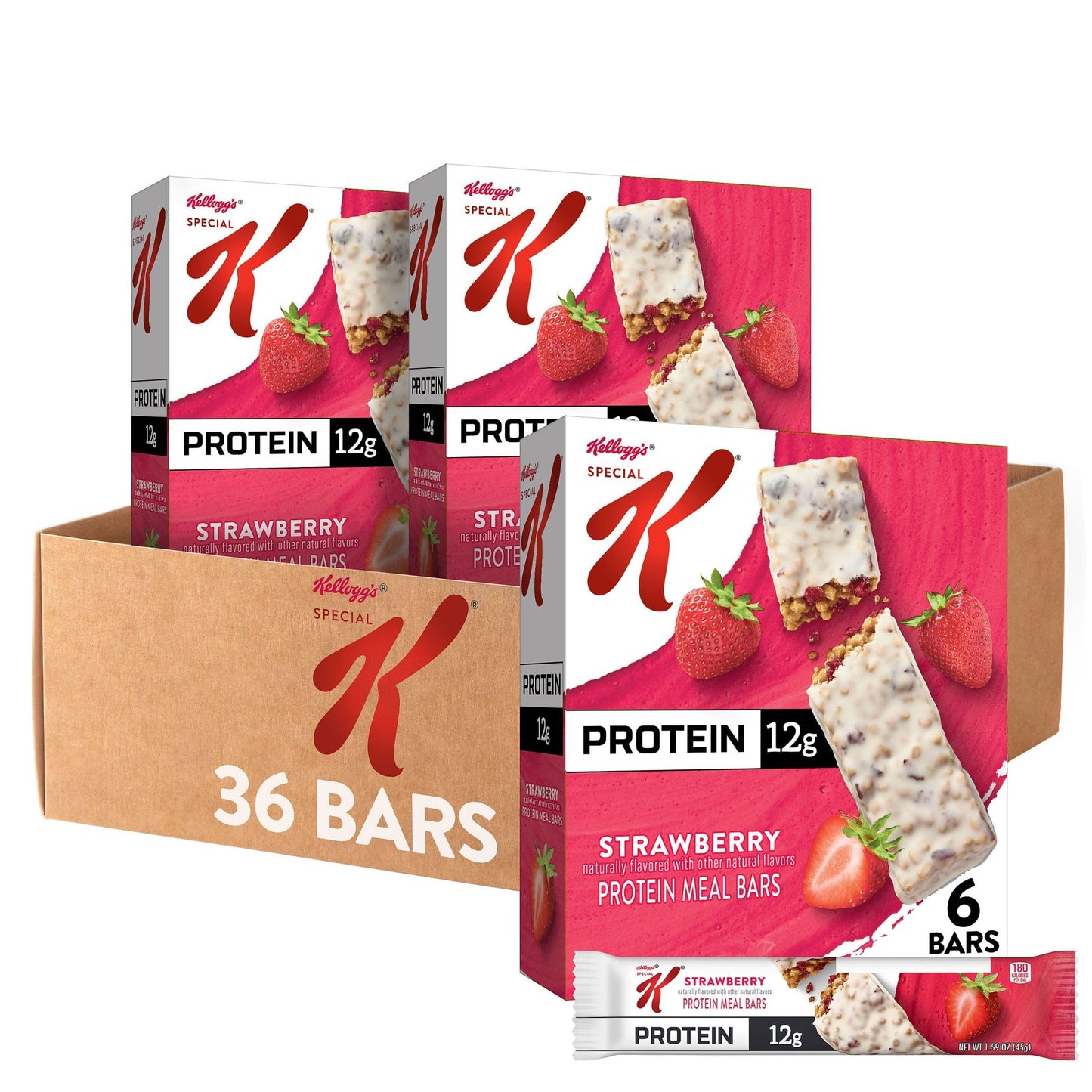 Special K Bar Protein Meal Bars, 12g of Protein, Good Source of Fiber, Strawberry (6 Boxes, 36 Bars)