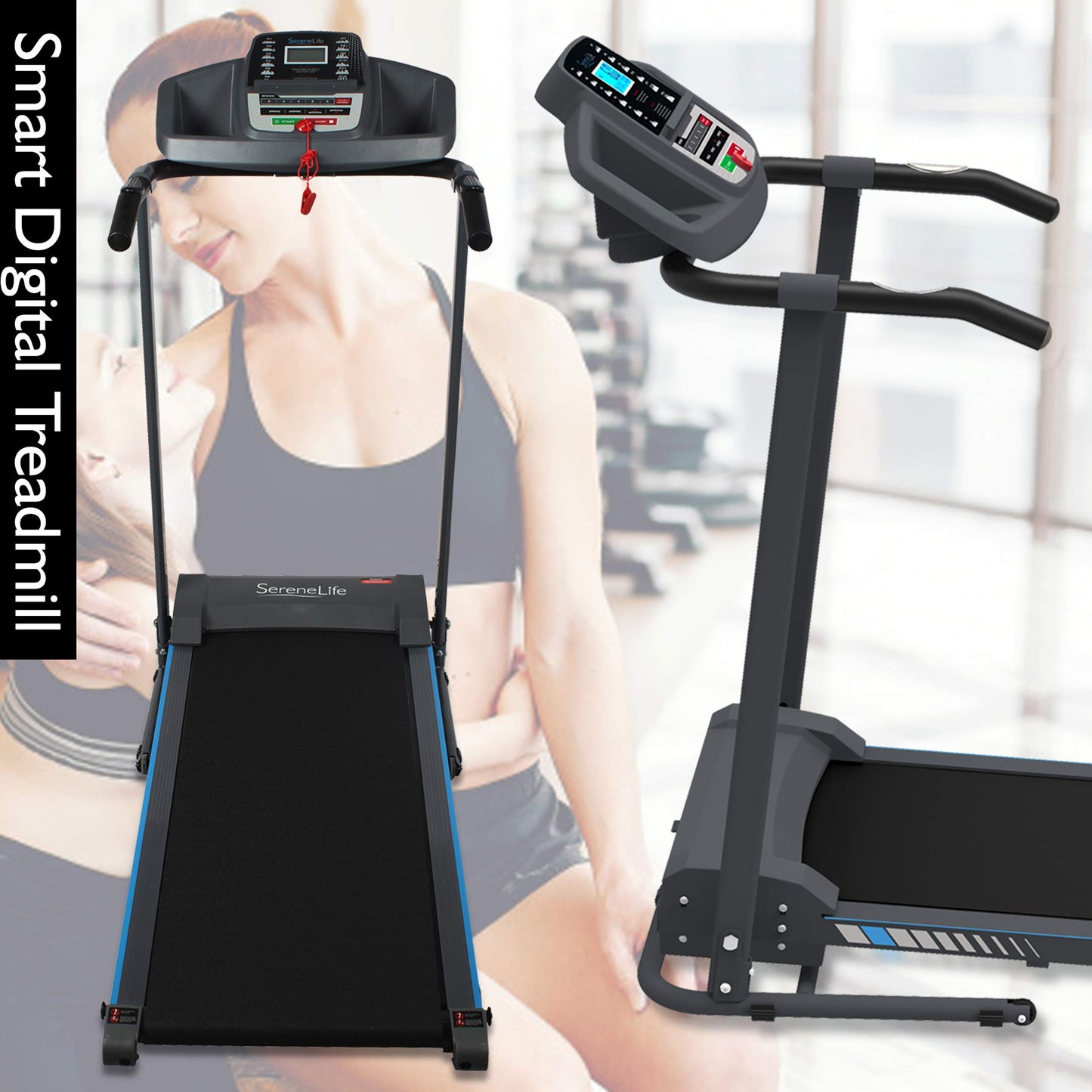 SereneLife - Electric Folding Treadmill Exercise Machine - Smart Compact Digital Workout Fitness Trainer w/ Bluetooth App Sync, Manual Incline Adjustment, For Walking, Running, Gym