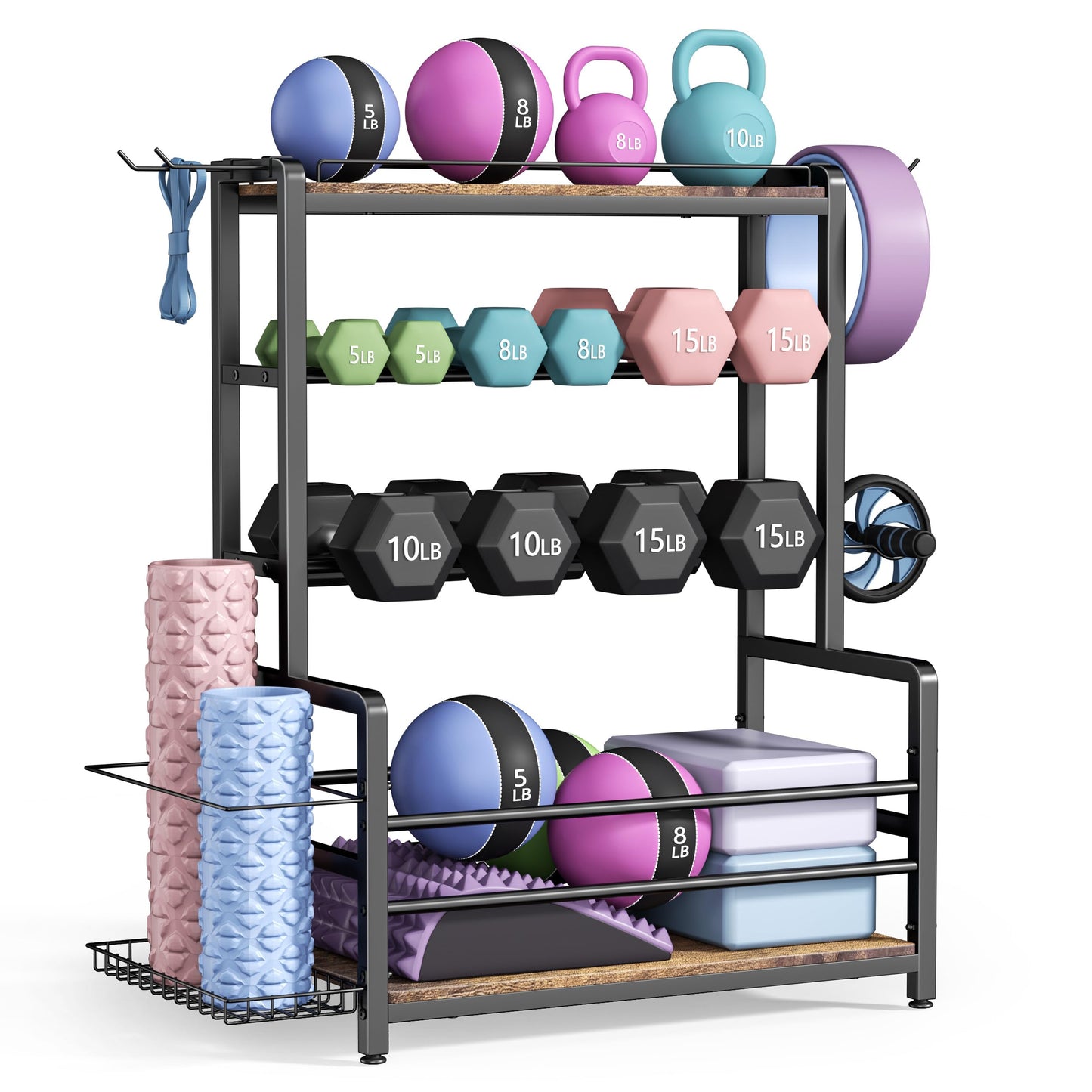 Gym Home Equipment Weight Rack – 3‑Tier Workout Storage Stand for Dumbbells & Kettlebells, Medicine Ball Holder, 460 lb Steel Organizer with Yoga Mat Basket, Hooks, Adjustable Feet, 24 x 16 in