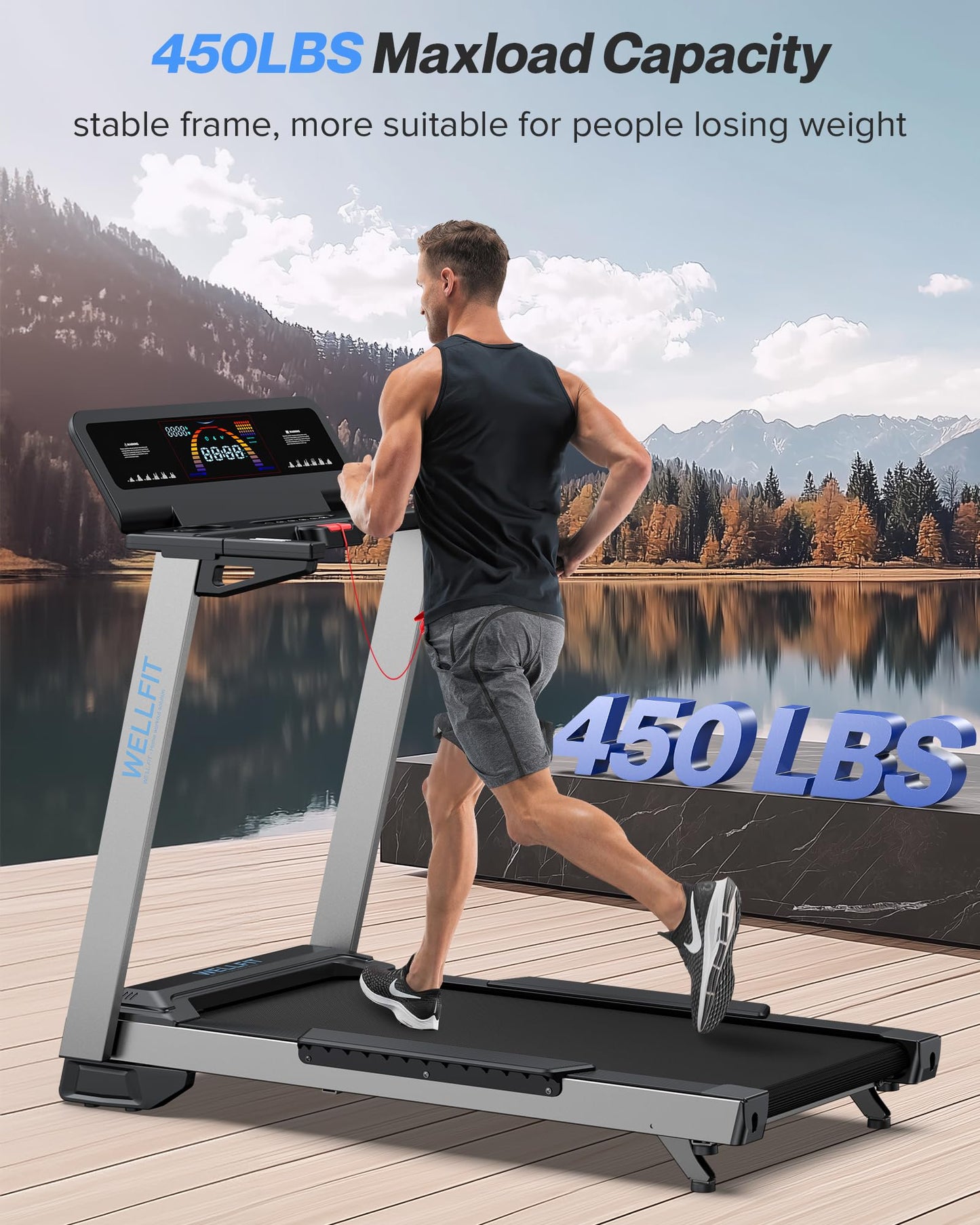 WELLFIT Home Treadmill, 2 Level Incline Heavyduty Treadmill with Pulse Sensor, 4.0 HP, 10 MPH, 450 lbs Capacity, 20'' x 45'' Running Area Treadmills with Bluetooth Player & LED Display