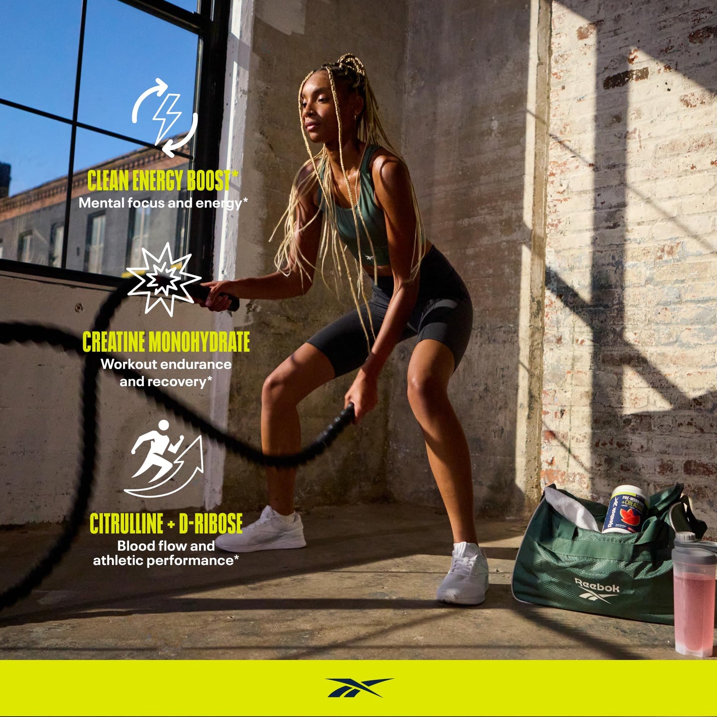 Reebok Pre-Workout Powder | 200mg Natural Caffeine, 3g Creatine Monohydrate, 4g Citrulline | Strength, Focus & Pump | Informed-Sport Certified | ReeEnergize | Sour Green Apple