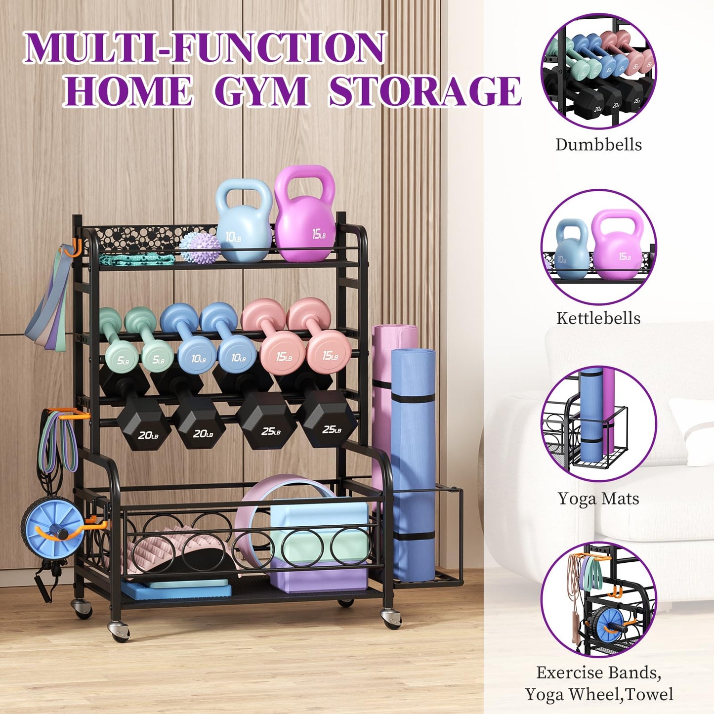 Dumbbell Rack,VOPEAK Weight Rack for Dumbbells, Weight Rack for Home Gym, Home Gym Storage Rack for Yoga Mat Kettlebells and Strength Training Equipment, Weight Storage Rack for Dumbbells with Wheels