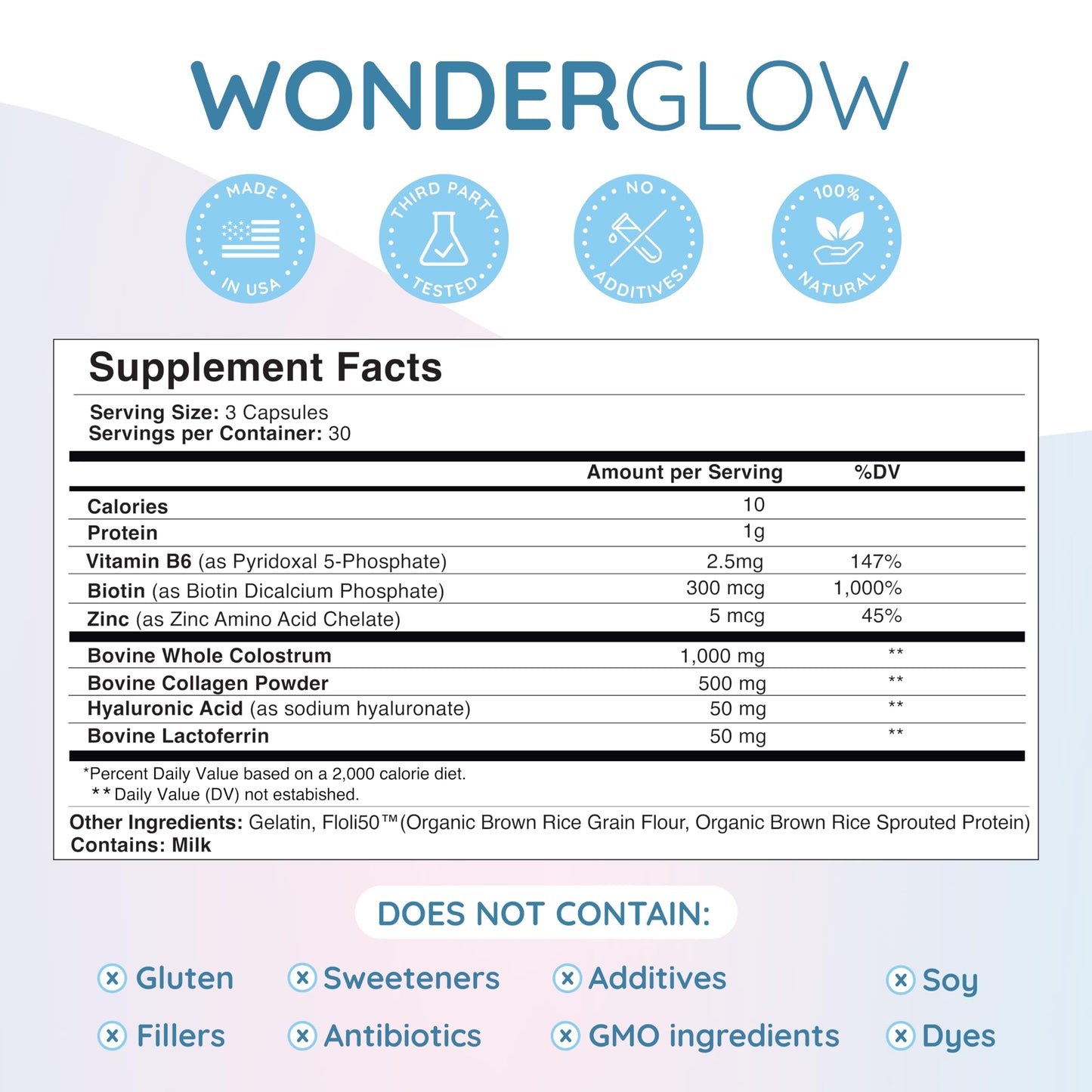 WONDERCOW Hair Skin and Nails Vitamins w/Bovine Colostrum, Collagen, Hyaluronic Acid, Biotin, Zinc, & Lactoferrin┃Supports Faster Hair Growth, Stronger Nails and Glowing Skin (30 Servings, Capsule)