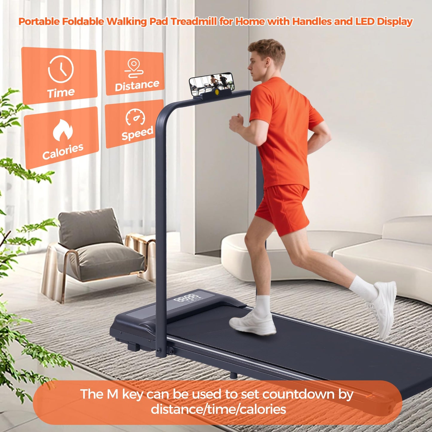 Foldable Walking Pad Treadmill with Handle Bar, 3.0HP Portable Under Desk Treadmills for Home Small, 3-in-1 Folding Walking Pads Treadmills with Handles, Compact Treadmill with LED Display