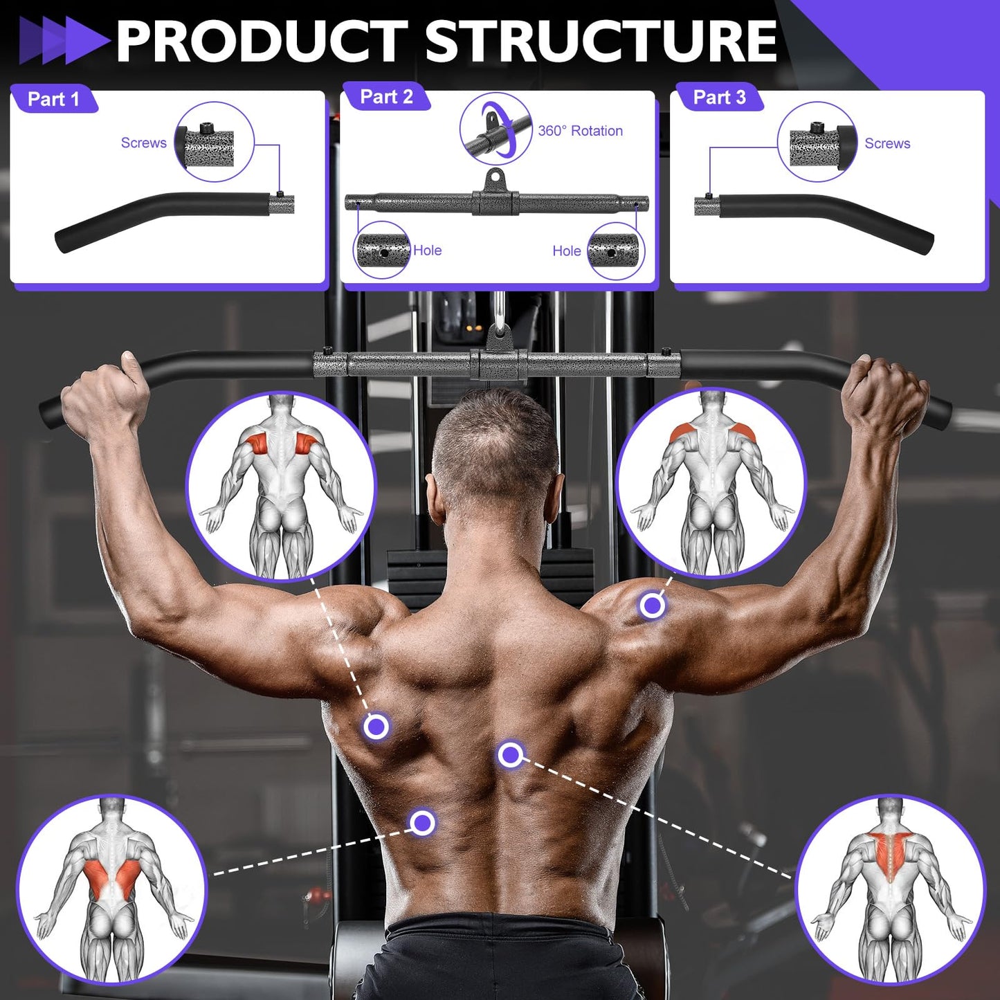 Turakun Cable Machine Attachments Set: 6 Pack LAT Pulldown Attachments Bar for Home Gym Accessories Tricep Rope Double D Handles