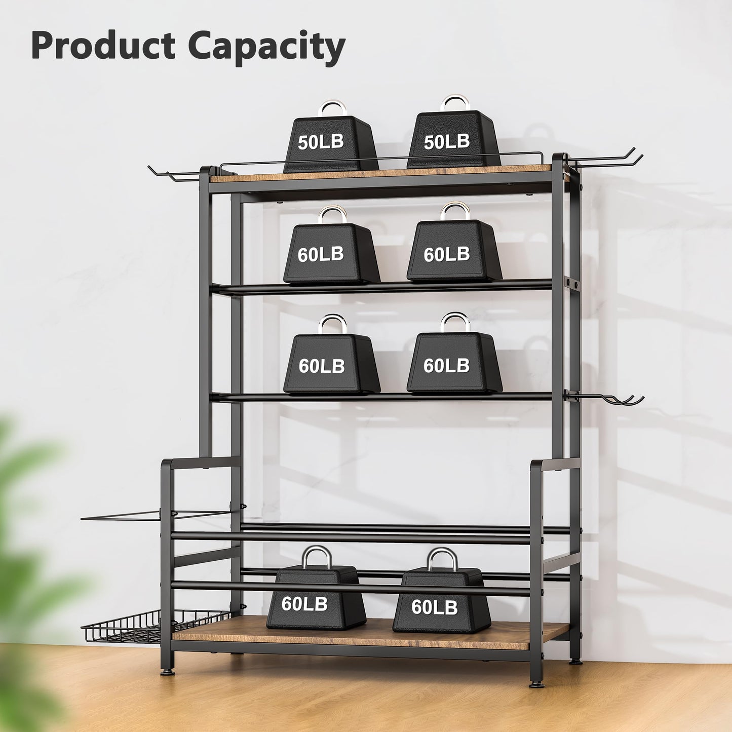 Gym Home Equipment Weight Rack – 3‑Tier Workout Storage Stand for Dumbbells & Kettlebells, Medicine Ball Holder, 460 lb Steel Organizer with Yoga Mat Basket, Hooks, Adjustable Feet, 24 x 16 in