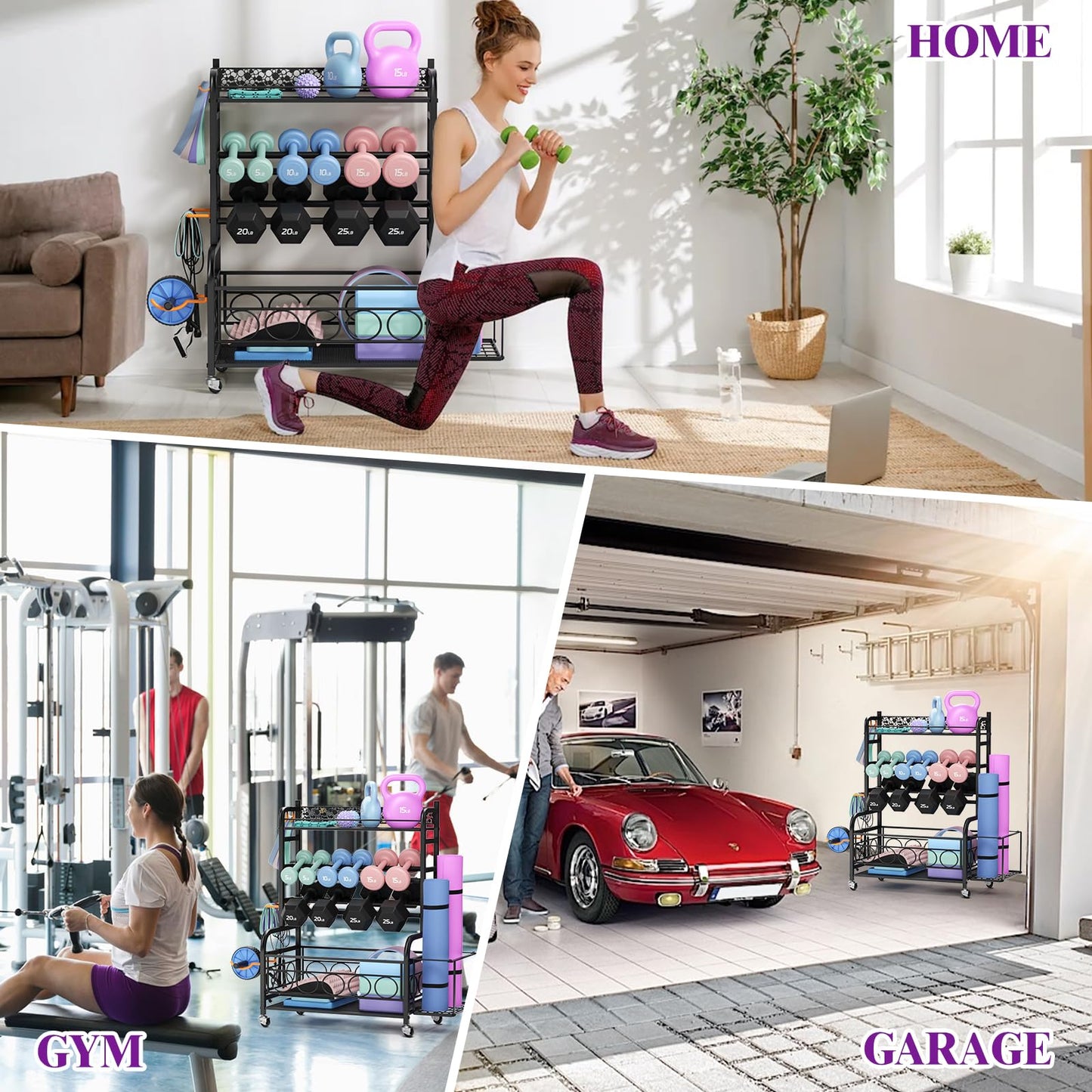 Dumbbell Rack,VOPEAK Weight Rack for Dumbbells, Weight Rack for Home Gym, Home Gym Storage Rack for Yoga Mat Kettlebells and Strength Training Equipment, Weight Storage Rack for Dumbbells with Wheels