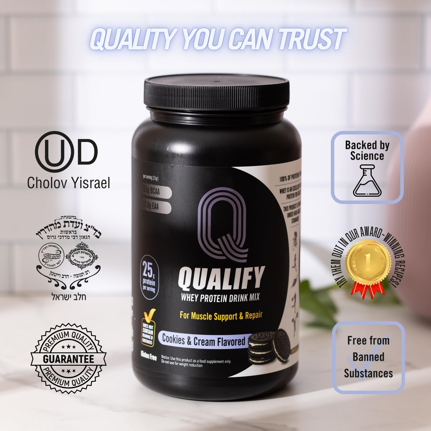 Cookies and Cream Whey Protein Powder. Post Workout Recovery Drink, Gluten & Sugar Free Highly Kosher, 25g Protein. Essential Amino Acids - 5.5g BCAA, 2.7g Leucine, 1.4g Isoleucine, 1.4g Valine 26.4oz