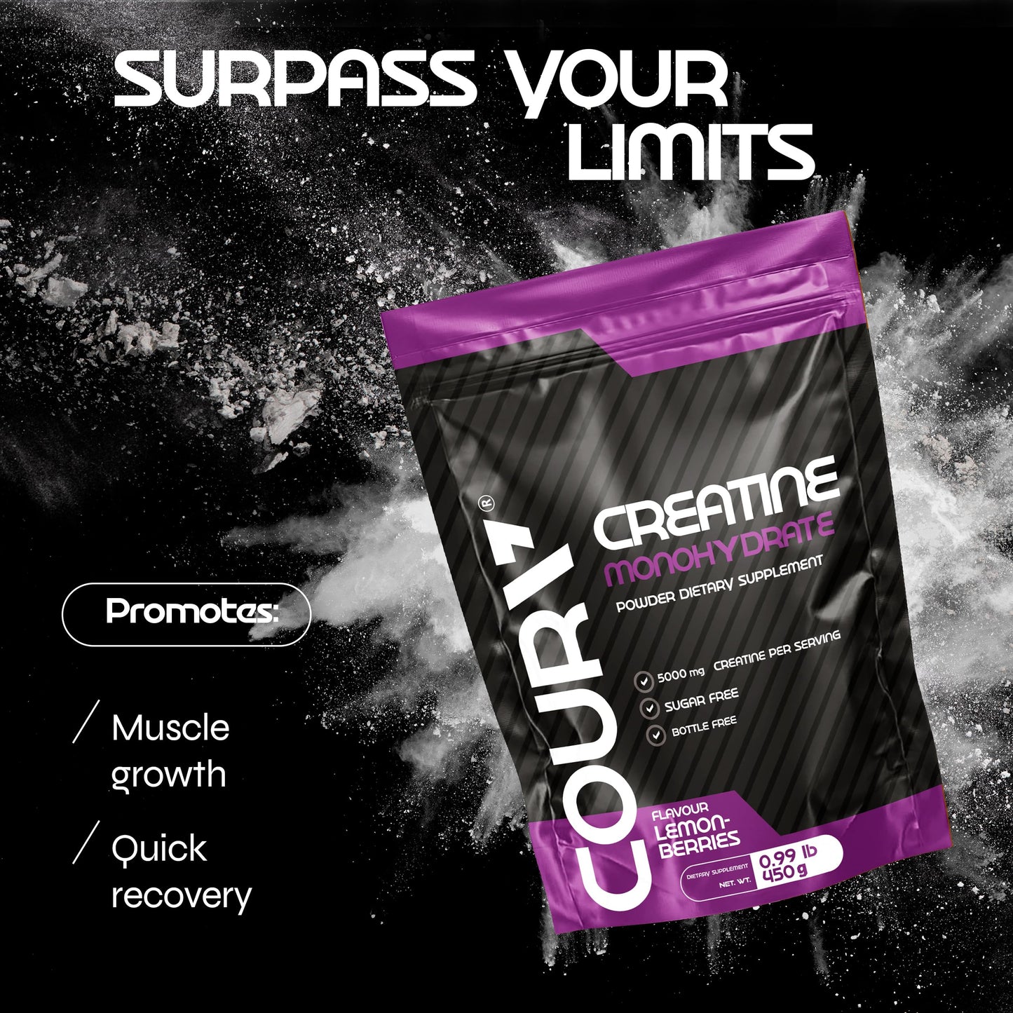 COURA Creatine Monohydrate Lemon-Berries Flavor - 450g - Sports Supplement - Strength and Endurance - Ideal for Intense Workouts - Gluten Free - Bottle Free