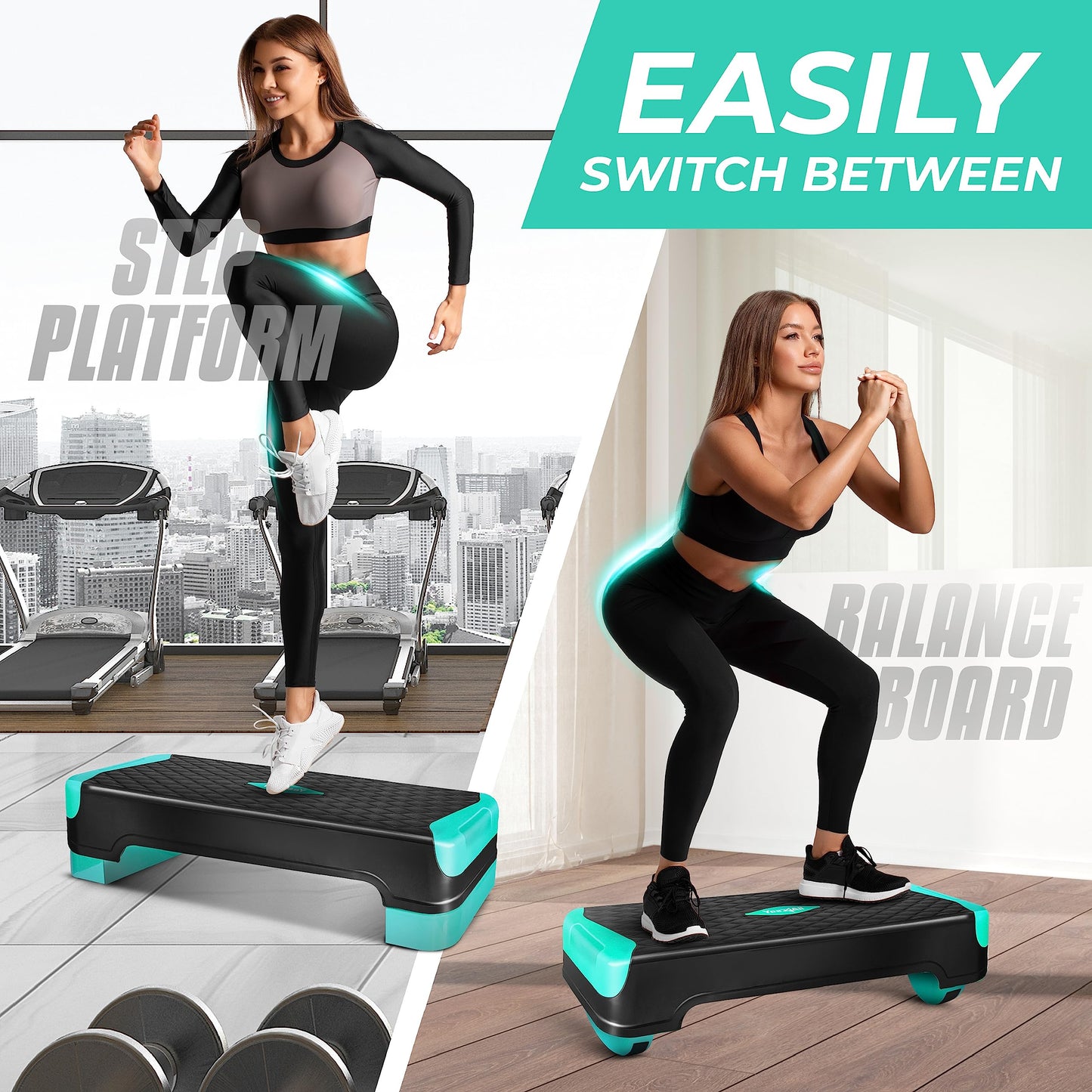 Yes4All 2-in-1 Adjustable Aerobic Stepper with Rocker Balance Board Legs for Home Workout, Step Exercise & Balance Training - Neo Green