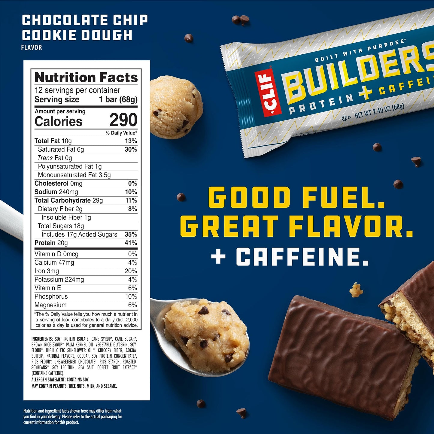 CLIF BUILDERS + Caffeine Protein Bars - Chocolate Chip Cookie Dough Flavor - 20g Plant Based Protein - Gluten Free - Non-GMO - Low Glycemic - No Artificial Sweeteners - 2.4 oz. (12 Pack)