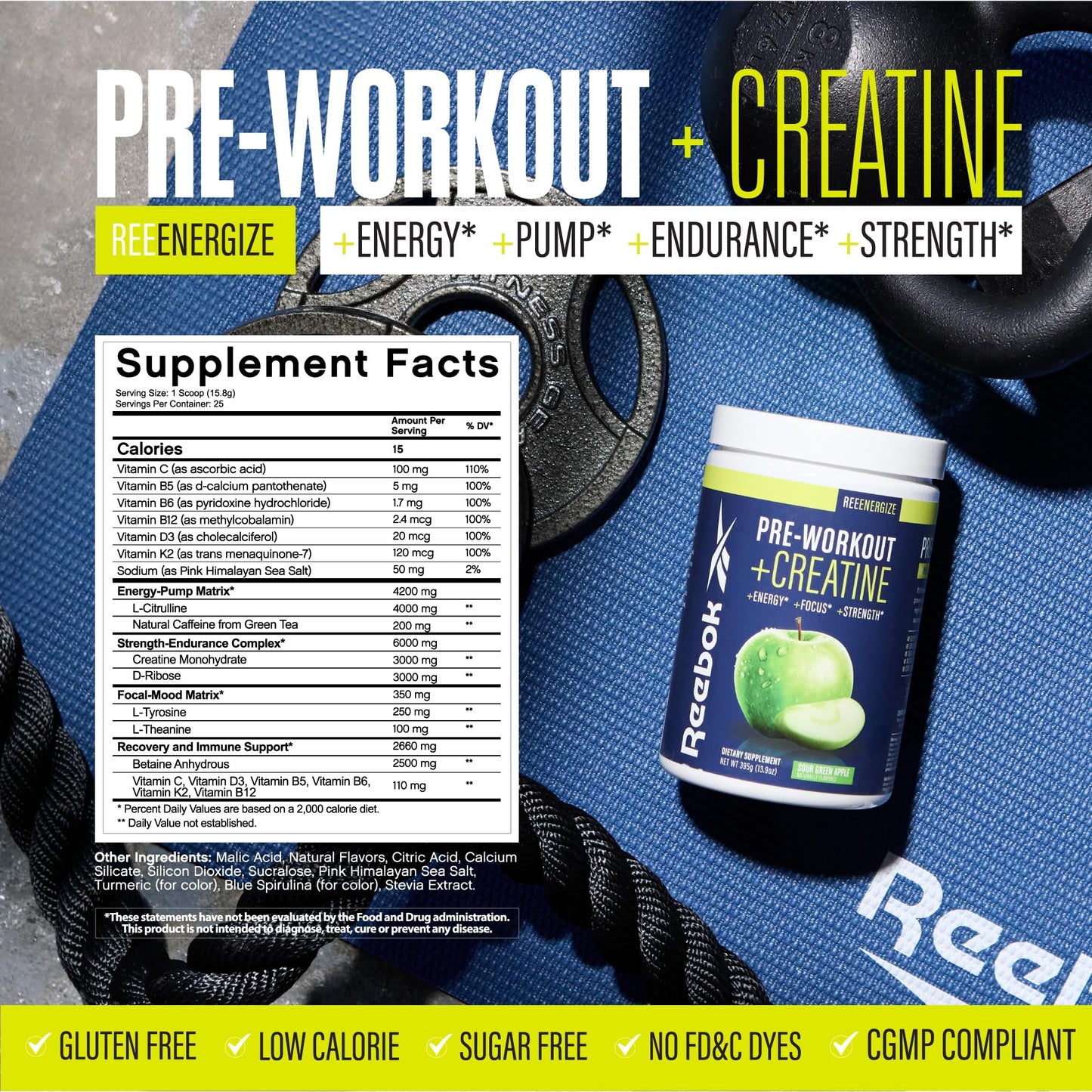 Reebok Pre-Workout Powder | 200mg Natural Caffeine, 3g Creatine Monohydrate, 4g Citrulline | Strength, Focus & Pump | Informed-Sport Certified | ReeEnergize | Sour Green Apple