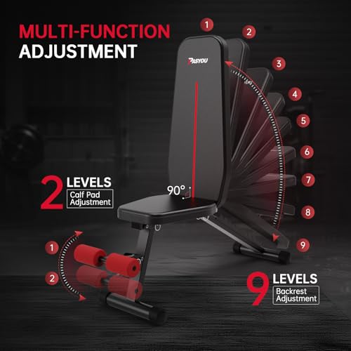 PASYOU Adjustable Weight Bench, Foldable Workout Bench for Home Gym, Support 90°Strength Training Bench for Full Body Workout with Fast Folding, 9-Level Backrest Position 2-Level Foot Support Folding
