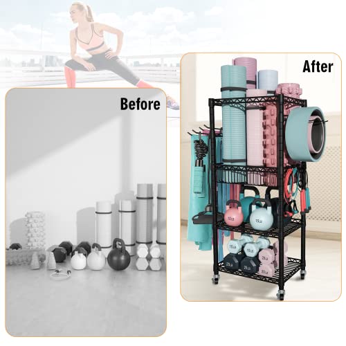FUTASSI S1 Home Gym Storage, 3-Tier Workout Equipment Organizer with Wheels for Yoga Mats, Foam Roller, Dumbbells, Kettlebells, and Resistance Bands, 47.4" H x 27.5" L x 11.8" D, Black
