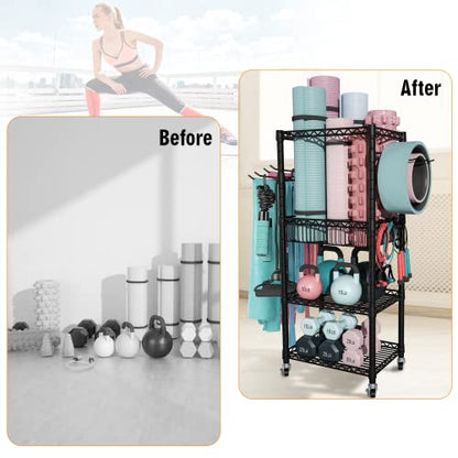 FUTASSI S1 Home Gym Storage, 3-Tier Workout Equipment Organizer with Wheels for Yoga Mats, Foam Roller, Dumbbells, Kettlebells, and Resistance Bands, 47.4" H x 27.5" L x 11.8" D, Black