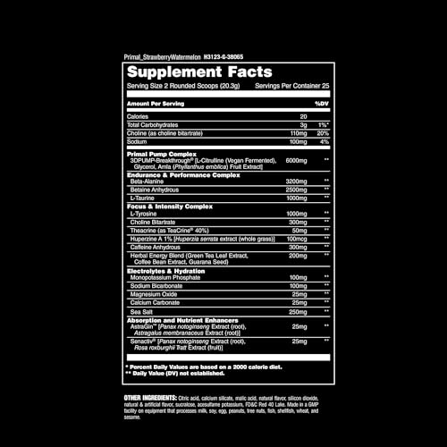 Animal Primal Muscle Hydration + Preworkout Powder – Contains Beta Alanine, 3DPump, Caffeine & Electrolytes – Improves Energy, Focus, Endurance & Absorption – Strawberry Watermelon Flavor, 17.9 oz